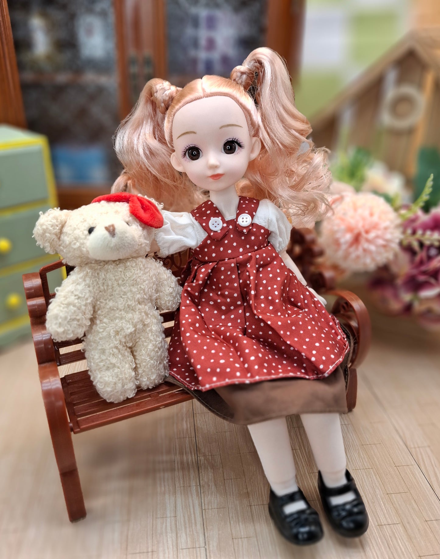 Sarah the Waldorf Doll with blonde hair in red dress 30cm BJD Doll