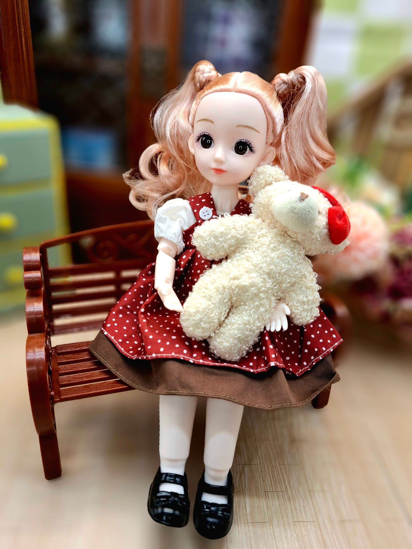Sarah the Waldorf Doll with blonde hair in red dress 30cm BJD Doll