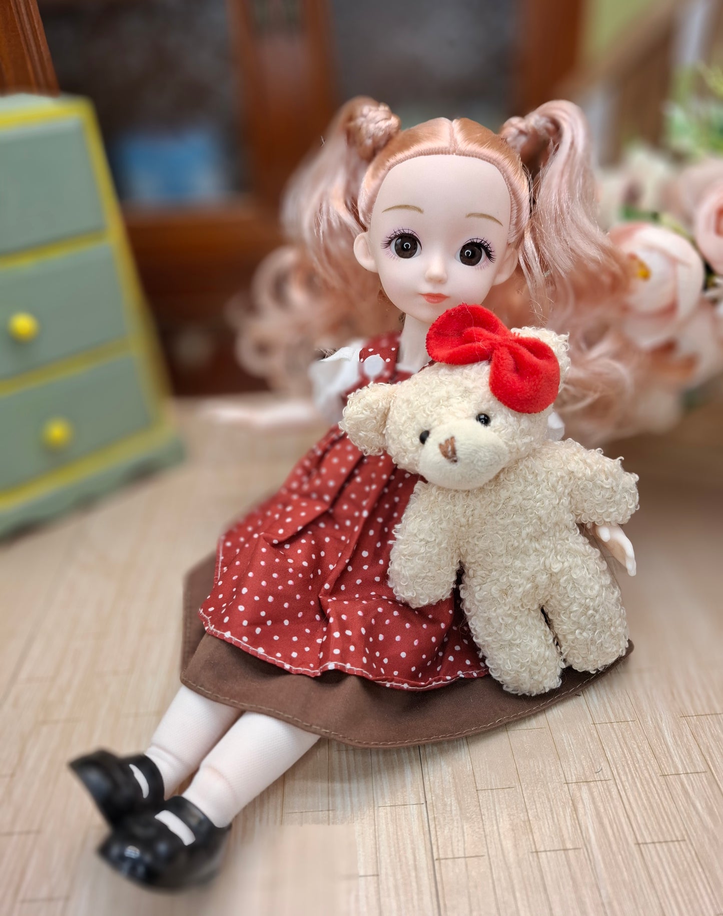 Sarah the Waldorf Doll with blonde hair in red dress 30cm BJD Doll