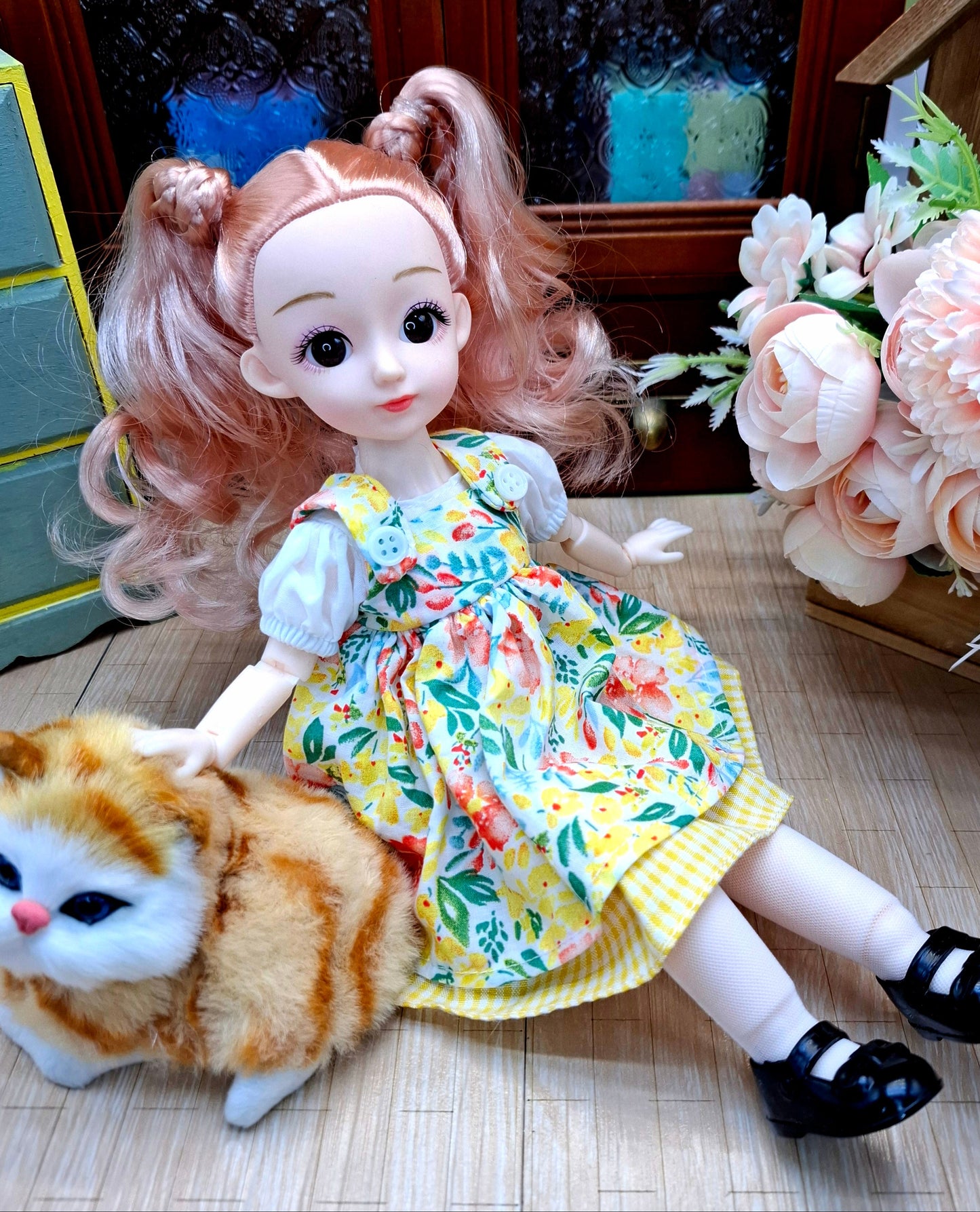 Sarah the Waldorf Doll with blonde hair in yellow floral dress 30cm BJD Doll