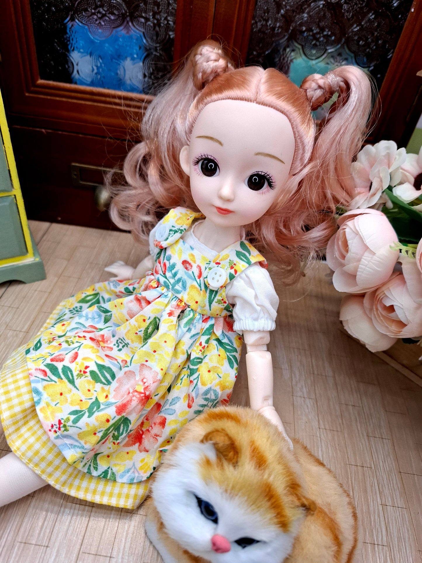 Sarah the Waldorf Doll with blonde hair in yellow floral dress 30cm BJD Doll