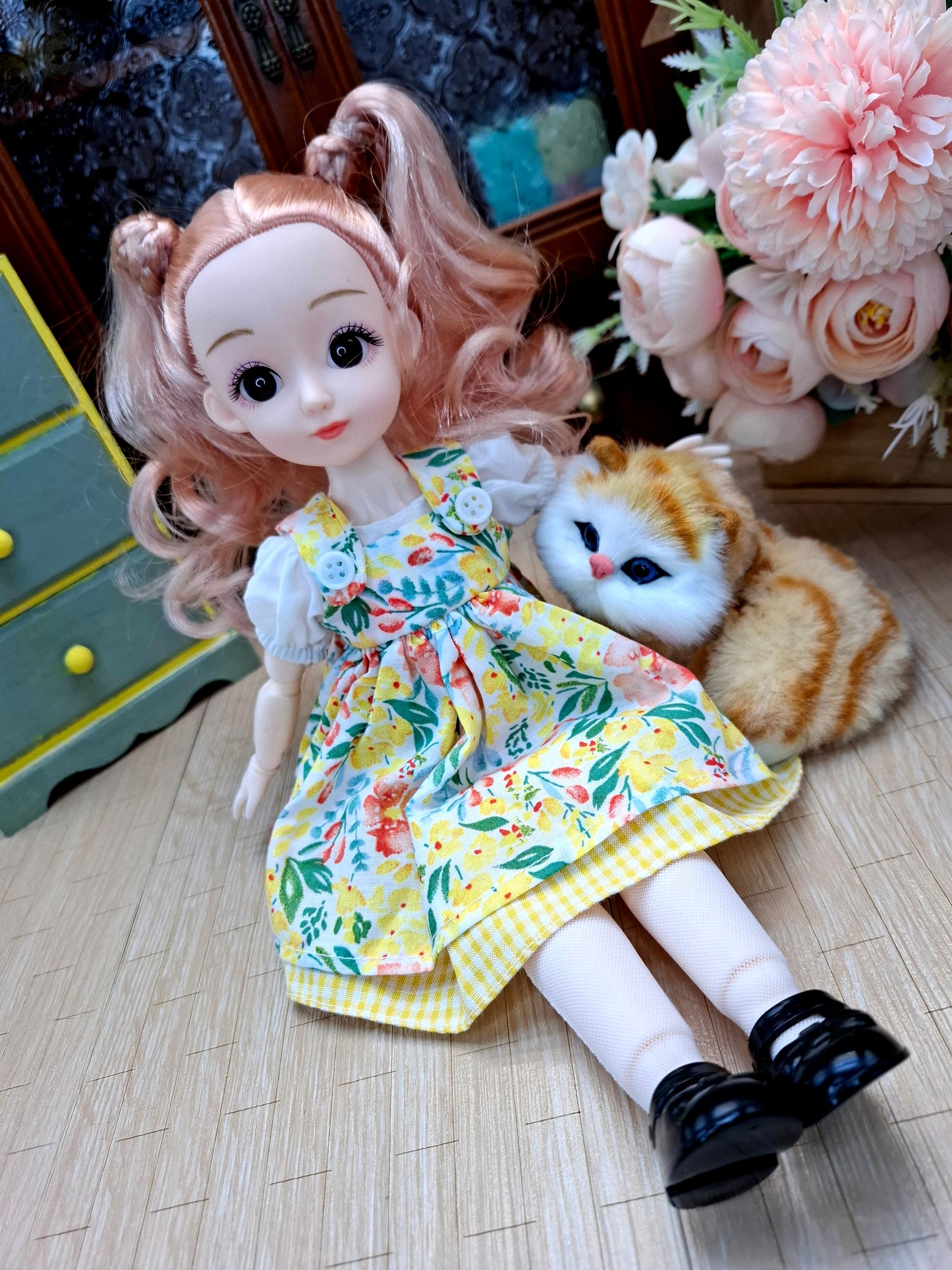 Sarah the Waldorf Doll with blonde hair in yellow floral dress 30cm BJD Doll