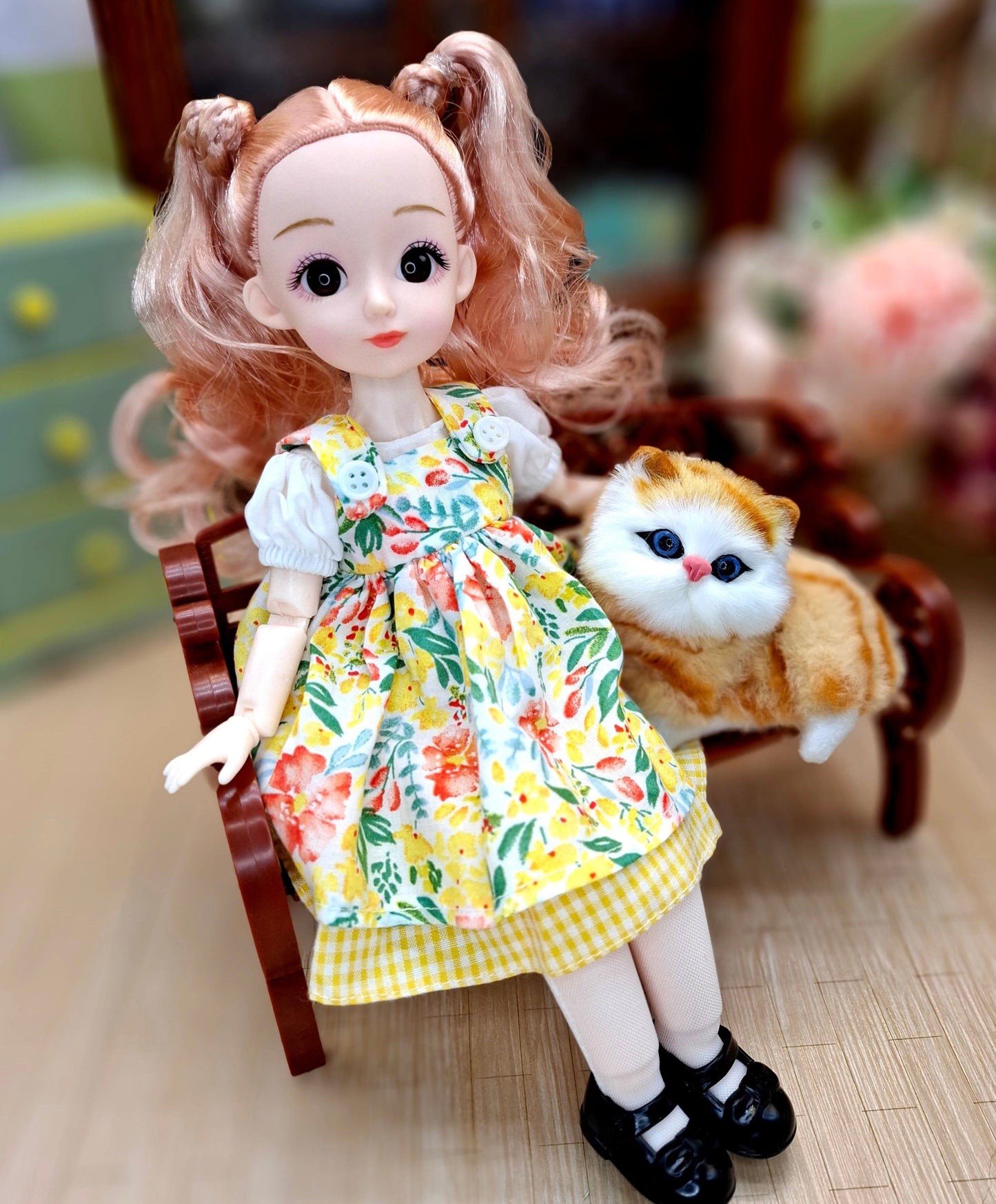 Sarah the Waldorf Doll with blonde hair in yellow floral dress 30cm BJD Doll