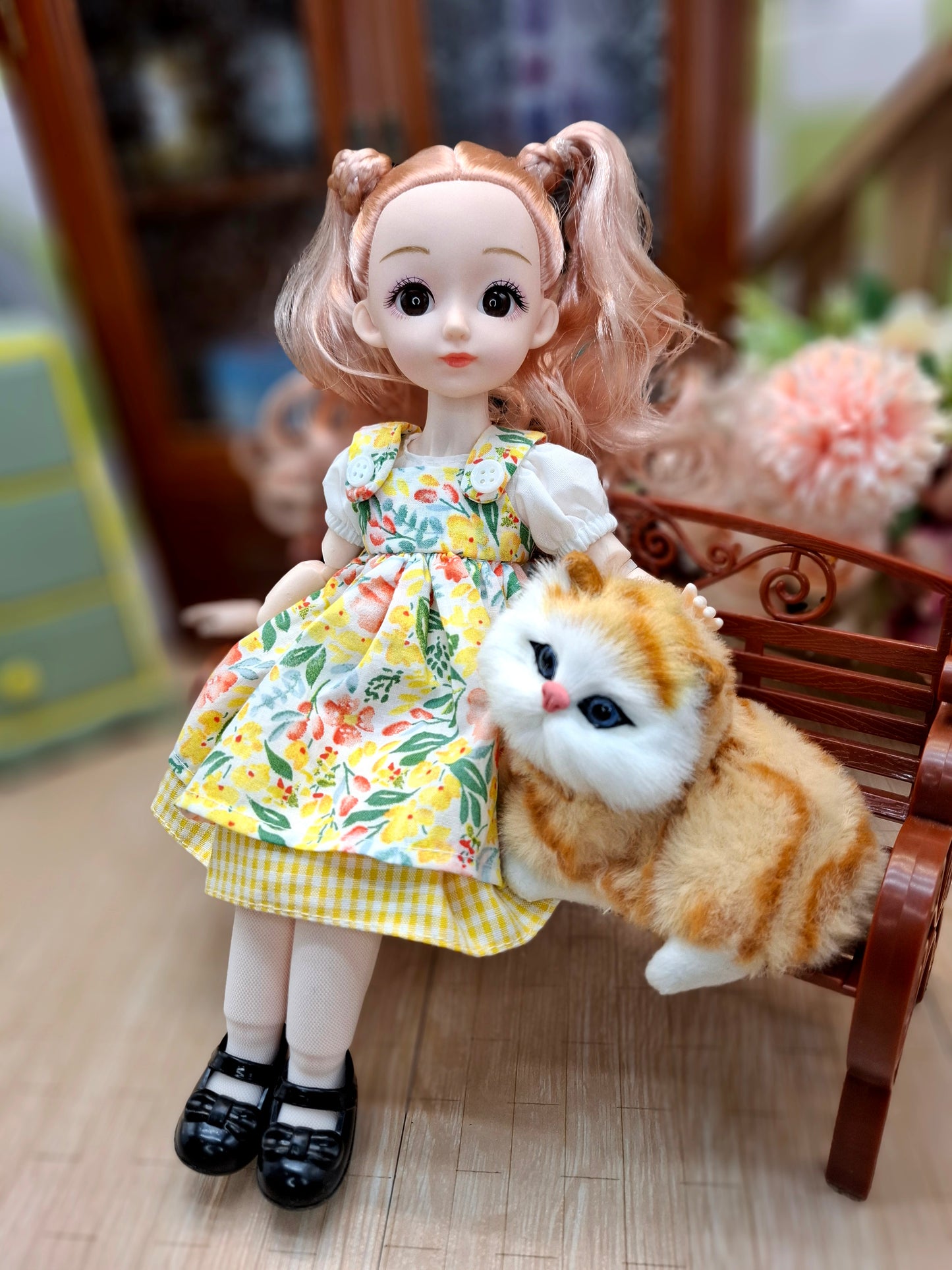 Sarah the Waldorf Doll with blonde hair in yellow floral dress 30cm BJD Doll