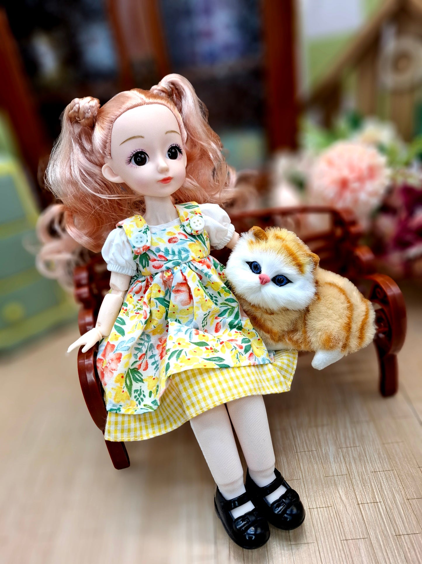 Sarah the Waldorf Doll with blonde hair in yellow floral dress 30cm BJD Doll