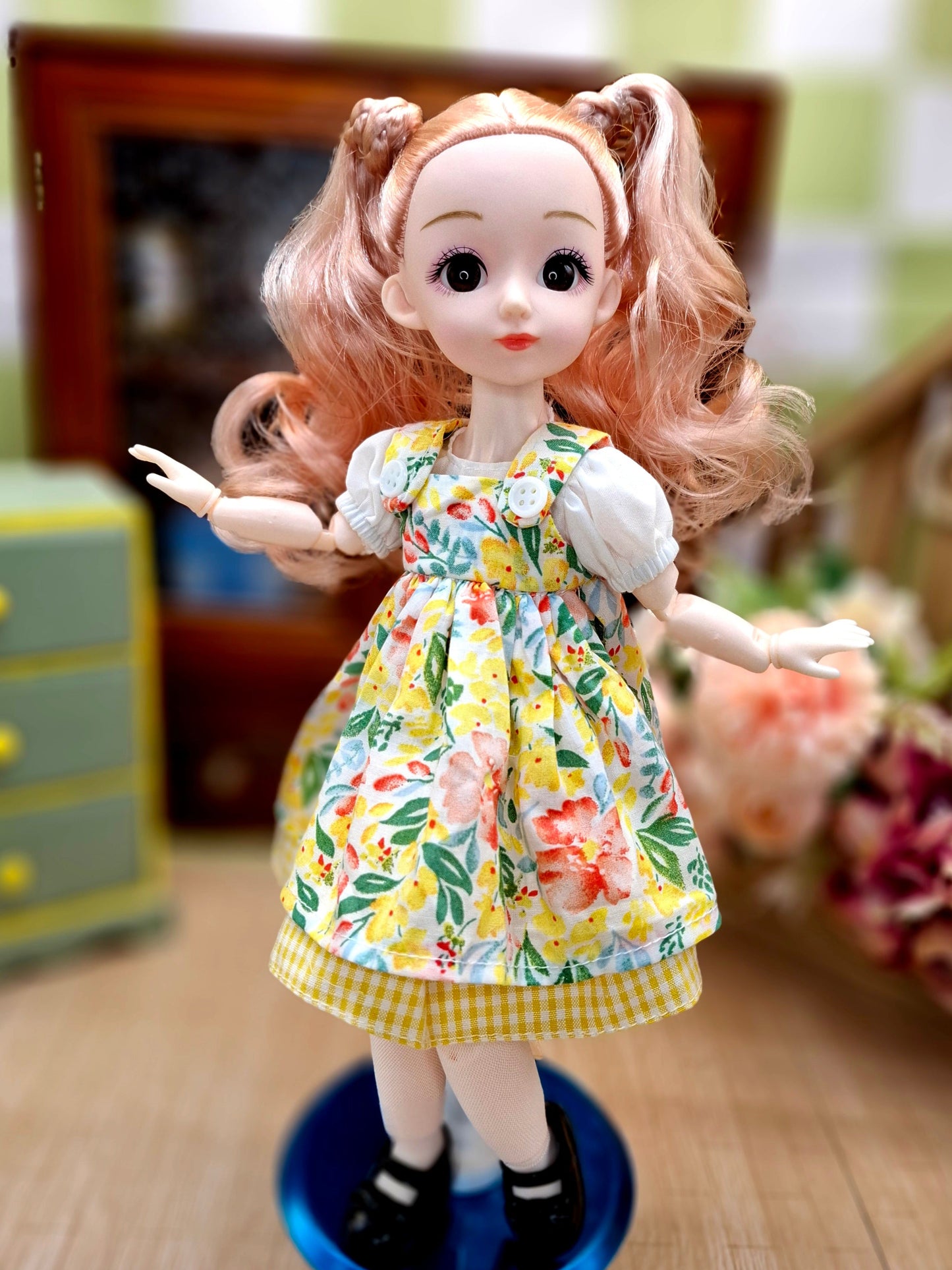 Sarah the Waldorf Doll with blonde hair in yellow floral dress 30cm BJD Doll