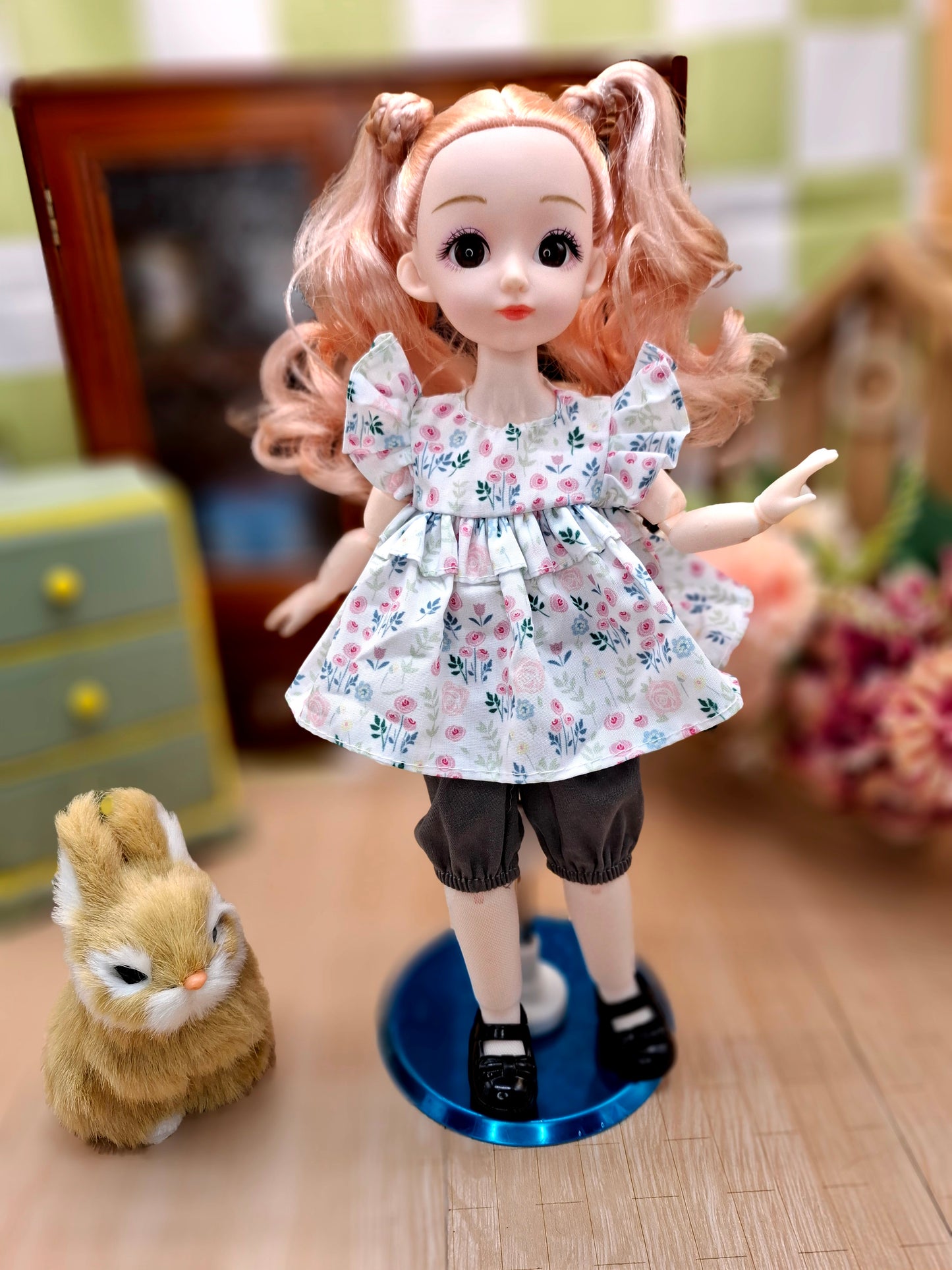 Sarah the Waldorf Doll with blonde hair in floral cottage dress 30cm BJD Doll