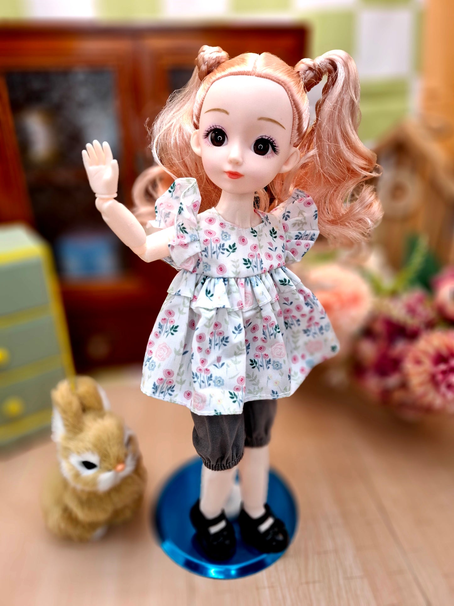 Sarah the Waldorf Doll with blonde hair in floral cottage dress 30cm BJD Doll