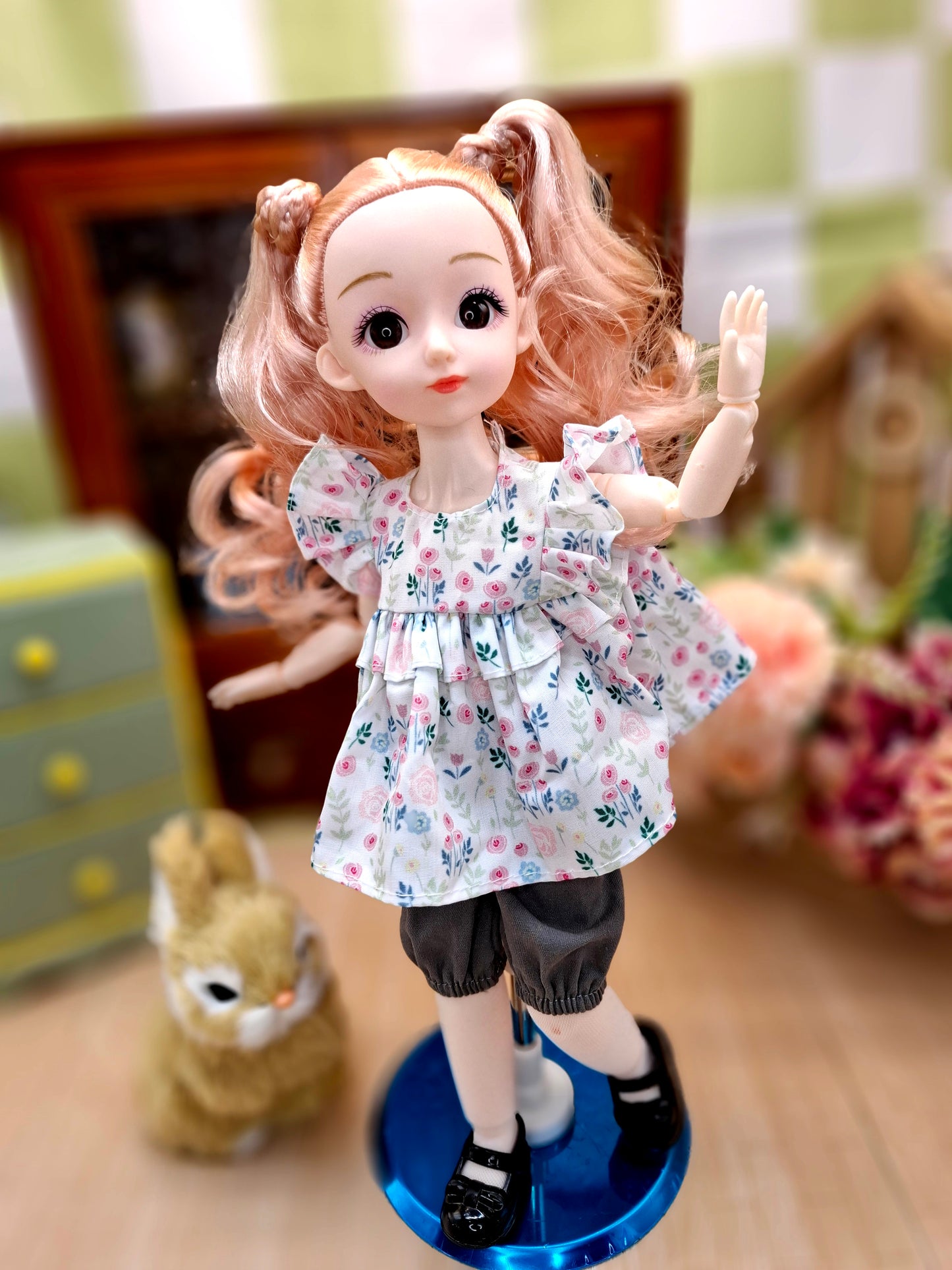 Sarah the Waldorf Doll with blonde hair in floral cottage dress 30cm BJD Doll