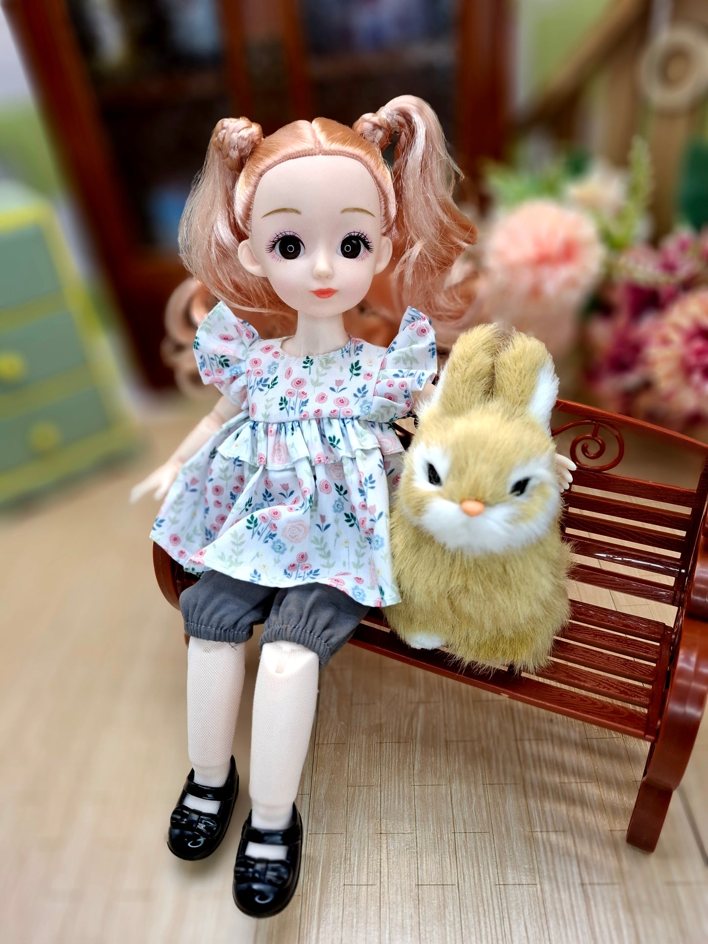 Sarah the Waldorf Doll with blonde hair in floral cottage dress 30cm BJD Doll
