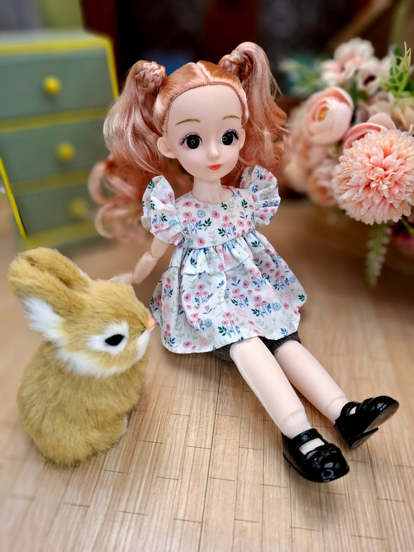 Sarah the Waldorf Doll with blonde hair in floral cottage dress 30cm BJD Doll
