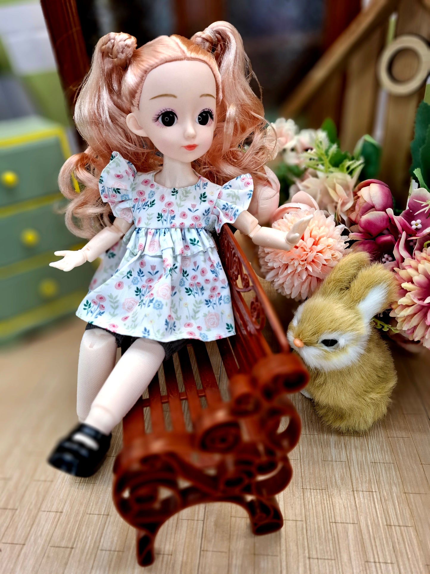 Sarah the Waldorf Doll with blonde hair in floral cottage dress 30cm BJD Doll