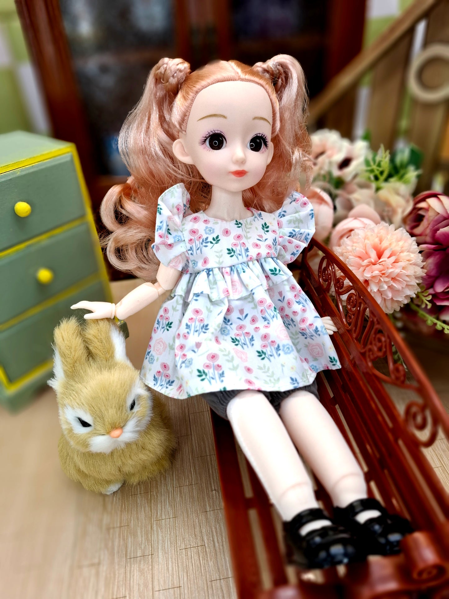 Sarah the Waldorf Doll with blonde hair in floral cottage dress 30cm BJD Doll