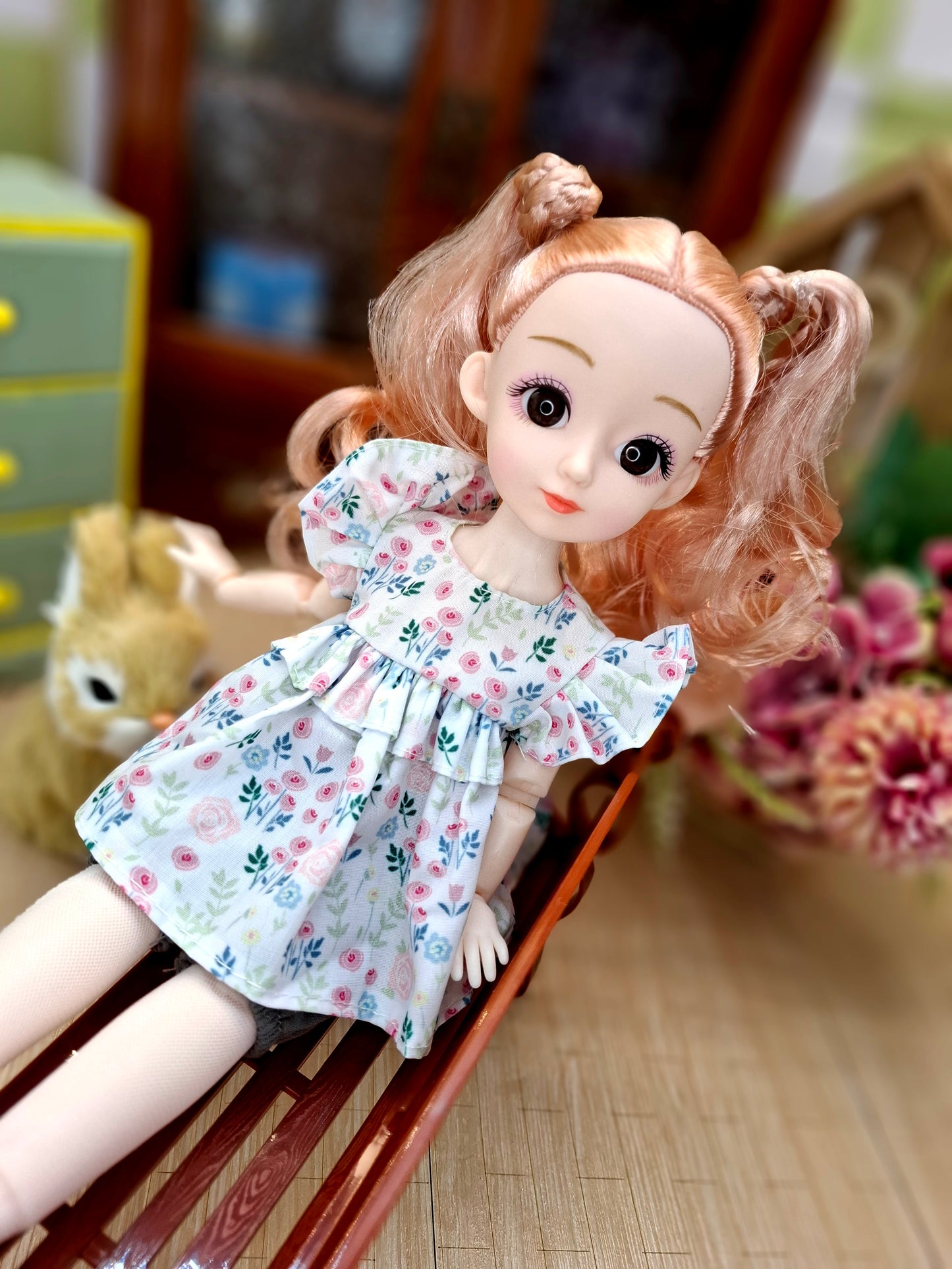 Sarah the Waldorf Doll with blonde hair in floral cottage dress 30cm BJD Doll