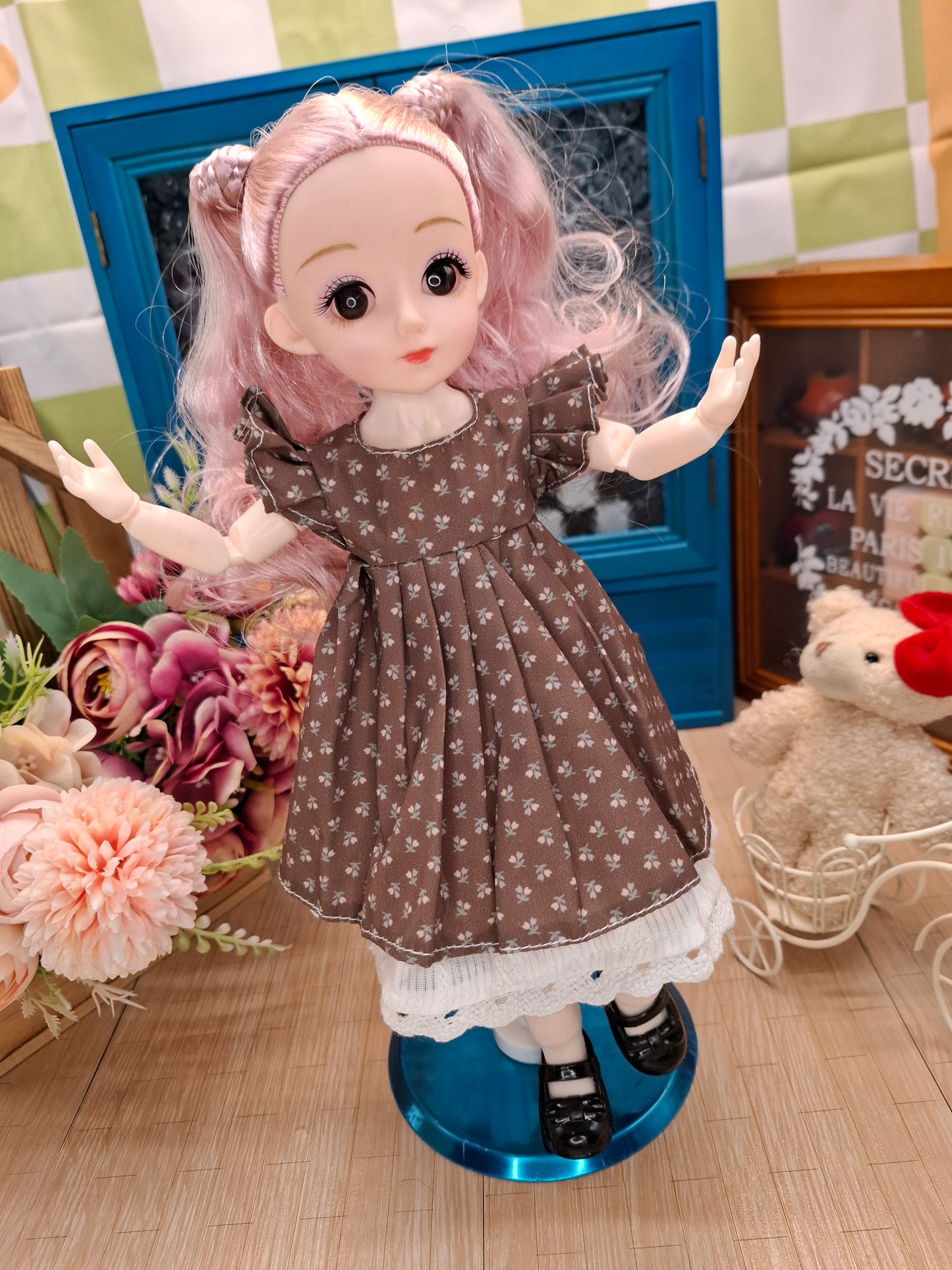 Lisa the Waldorf Doll with pink hair in brown cottage dress 30cm BJD Doll