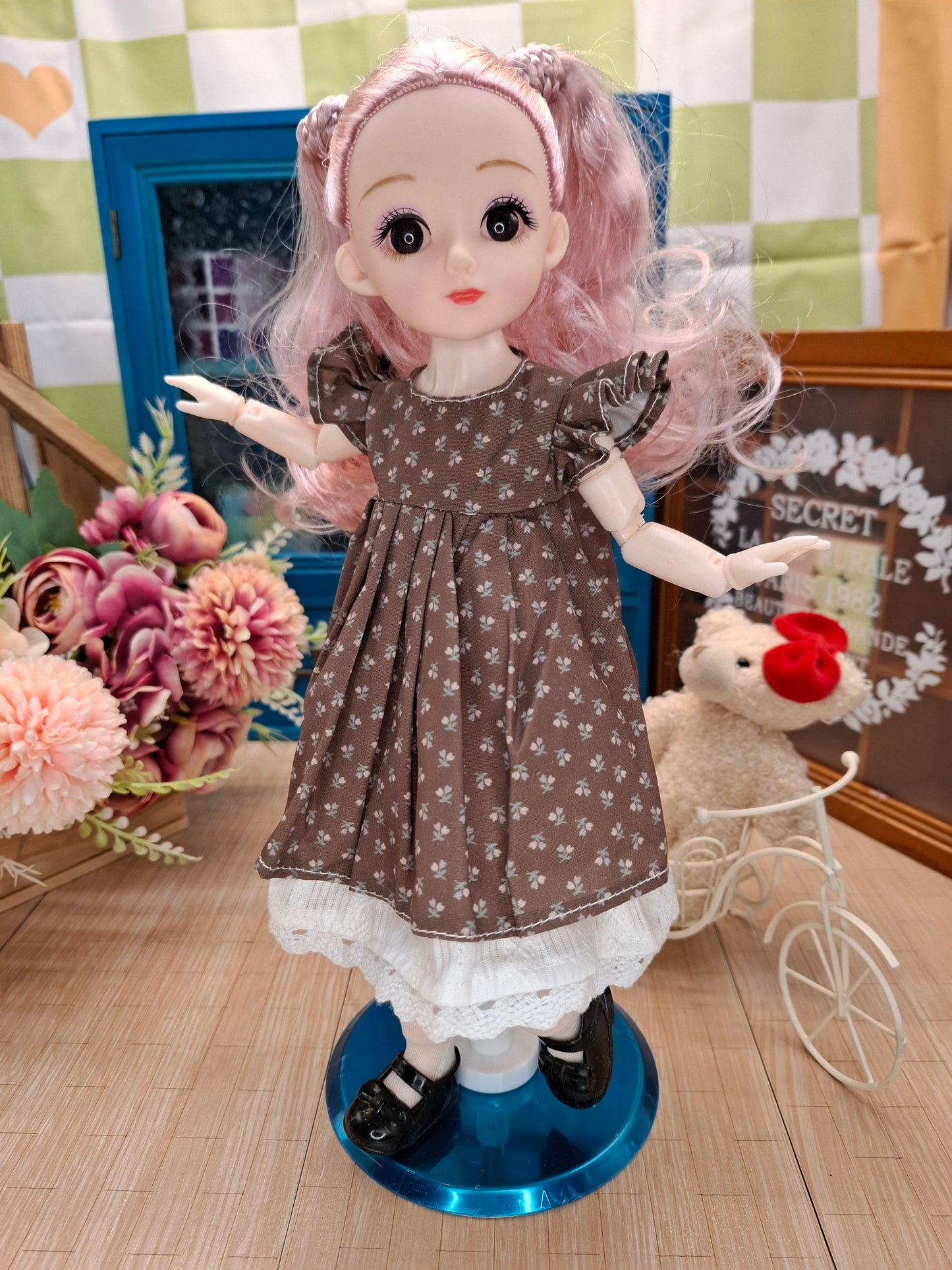Lisa the Waldorf Doll with pink hair in brown cottage dress 30cm BJD Doll