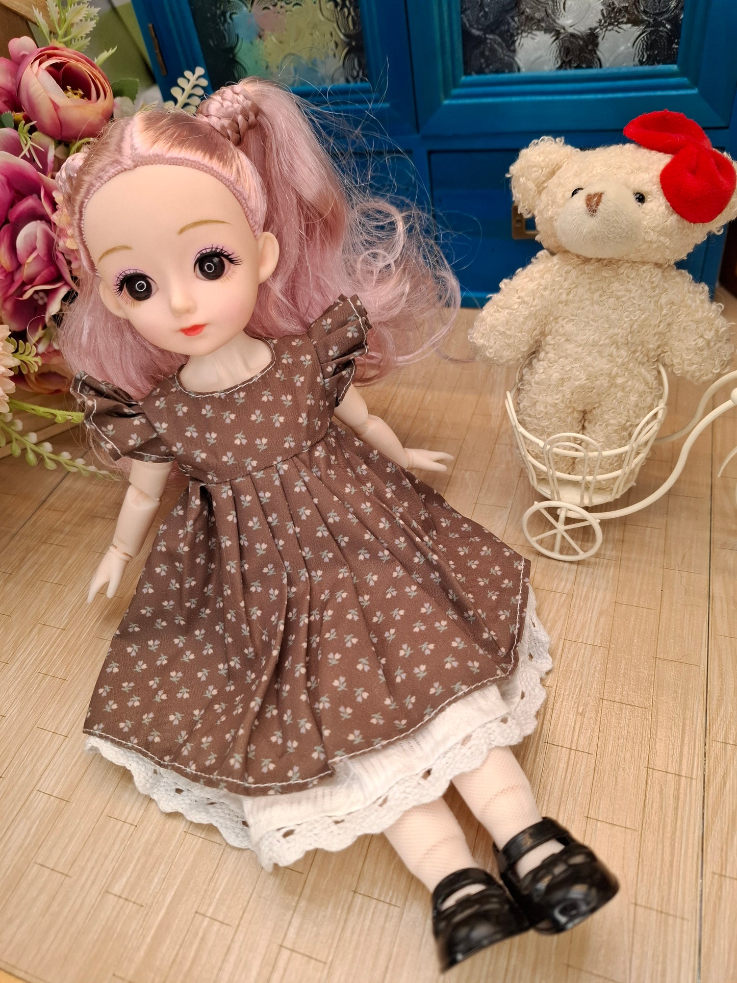 Lisa the Waldorf Doll with pink hair in brown cottage dress 30cm BJD Doll