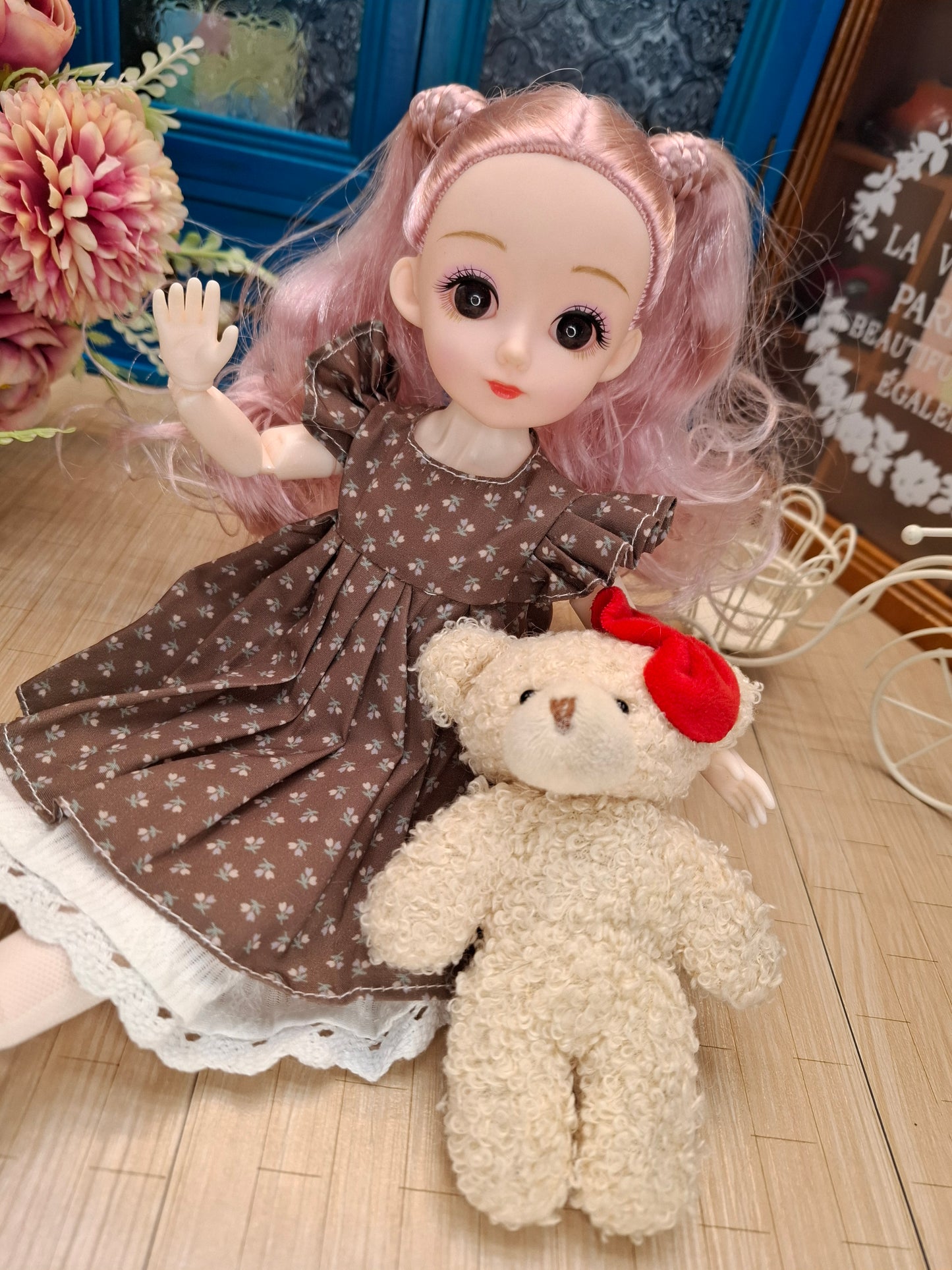 Lisa the Waldorf Doll with pink hair in brown cottage dress 30cm BJD Doll