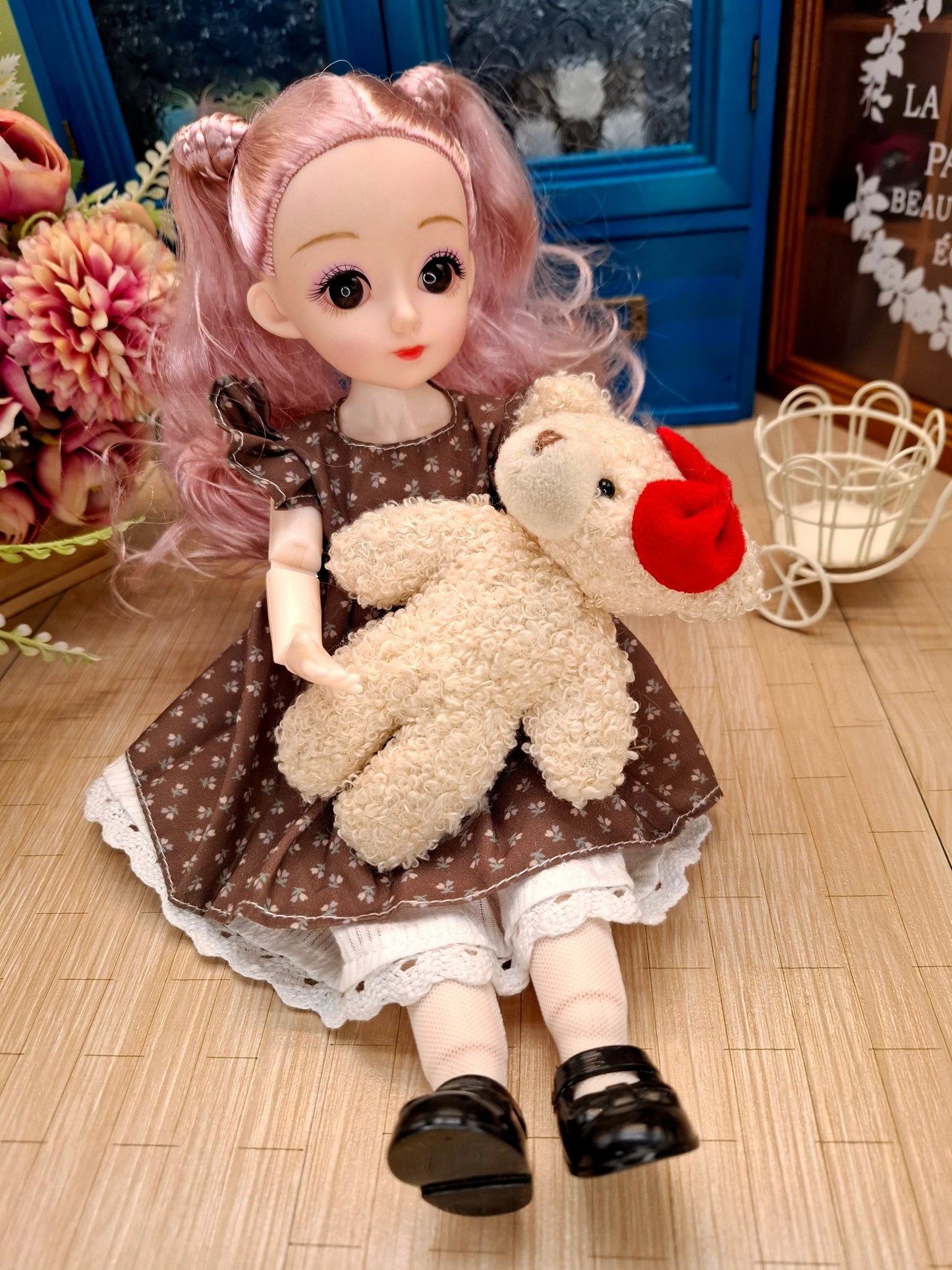 Lisa the Waldorf Doll with pink hair in brown cottage dress 30cm BJD Doll