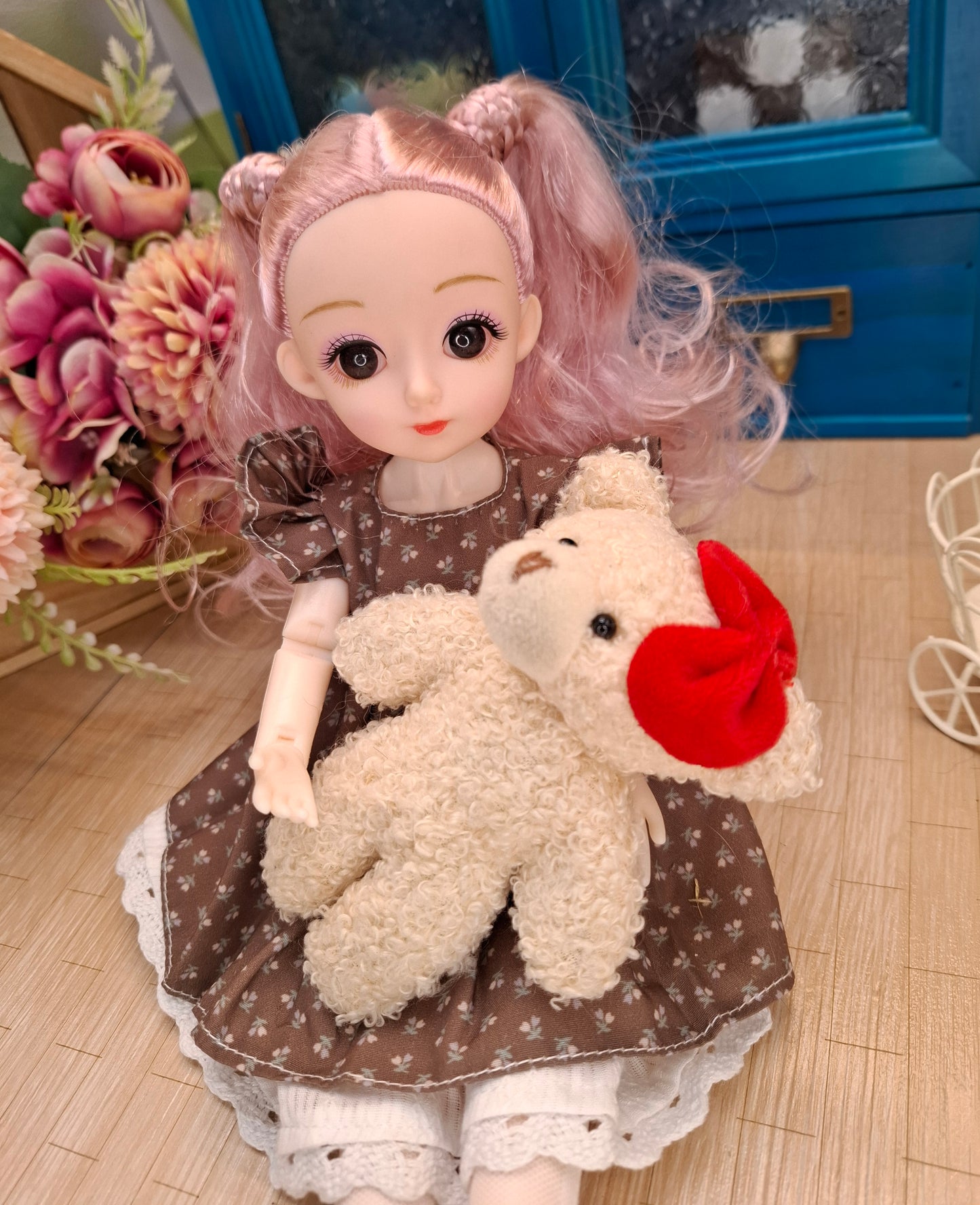 Lisa the Waldorf Doll with pink hair in brown cottage dress 30cm BJD Doll
