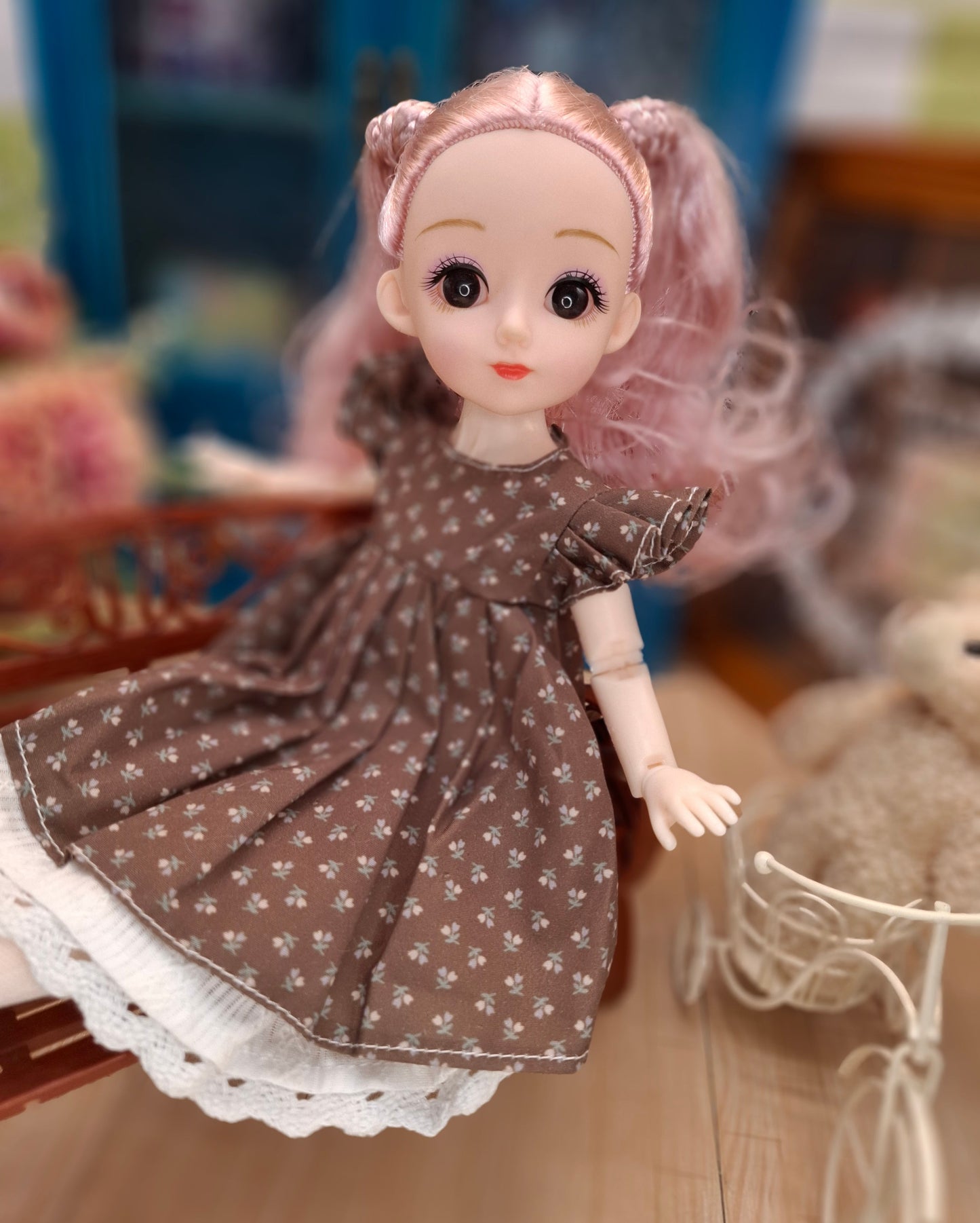 Lisa the Waldorf Doll with pink hair in brown cottage dress 30cm BJD Doll