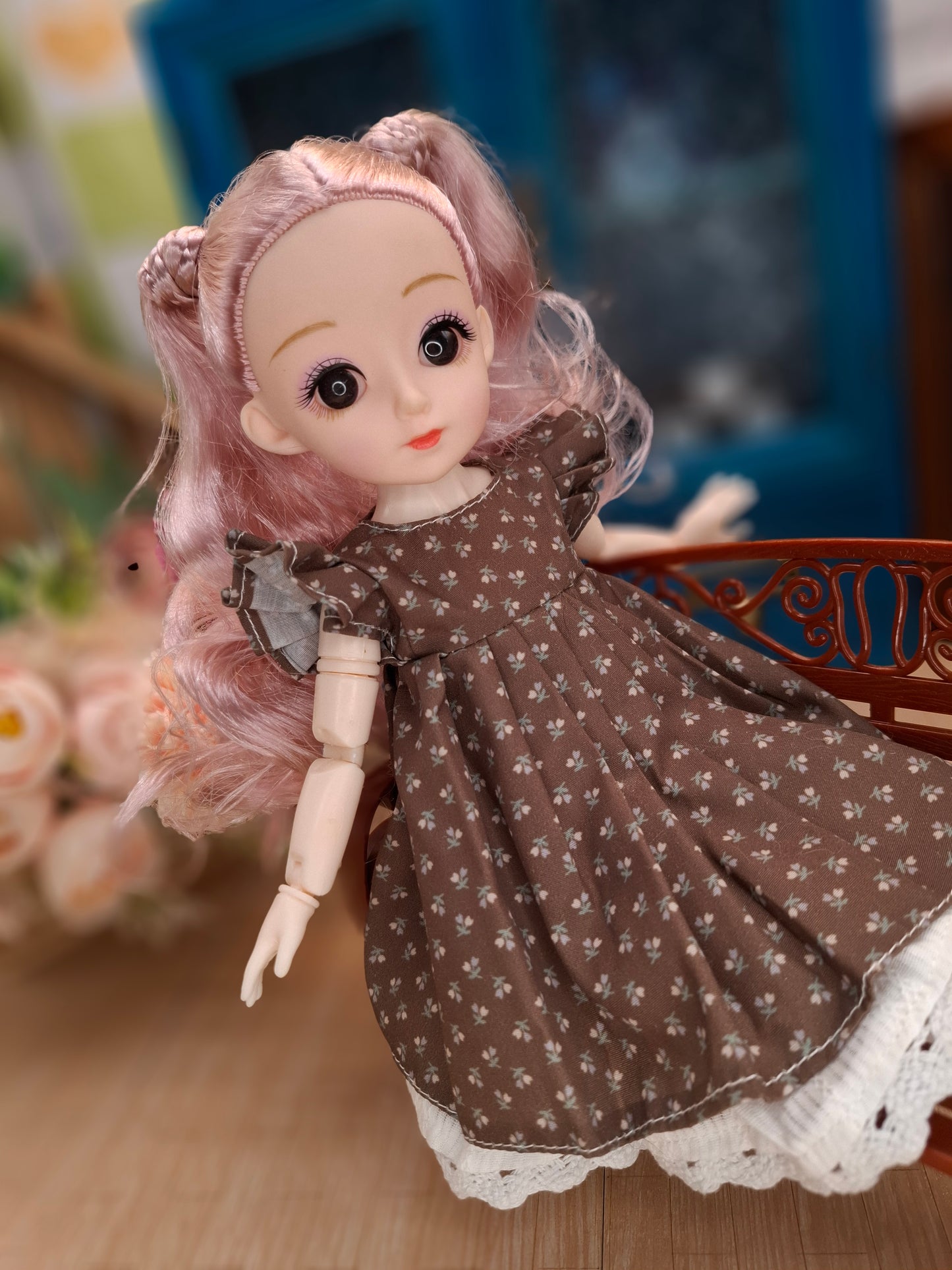 Lisa the Waldorf Doll with pink hair in brown cottage dress 30cm BJD Doll