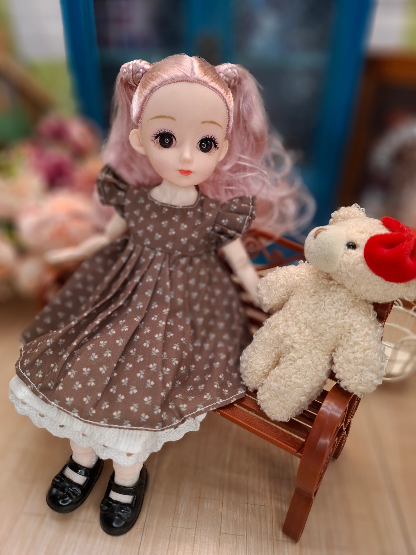 Lisa the Waldorf Doll with pink hair in brown cottage dress 30cm BJD Doll