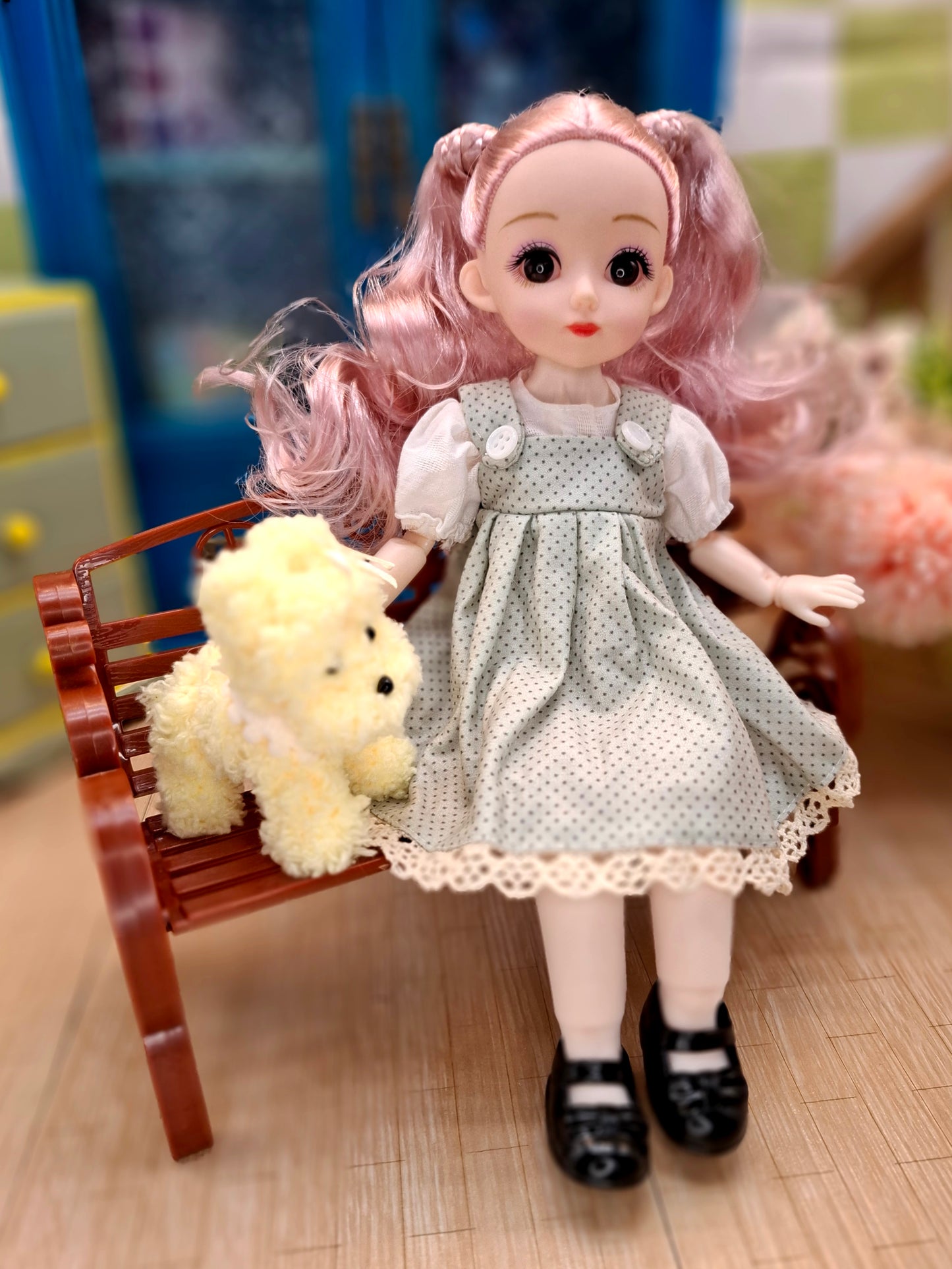 Lisa the Waldorf Doll with pink hair in green cottage dress 30cm BJD Doll