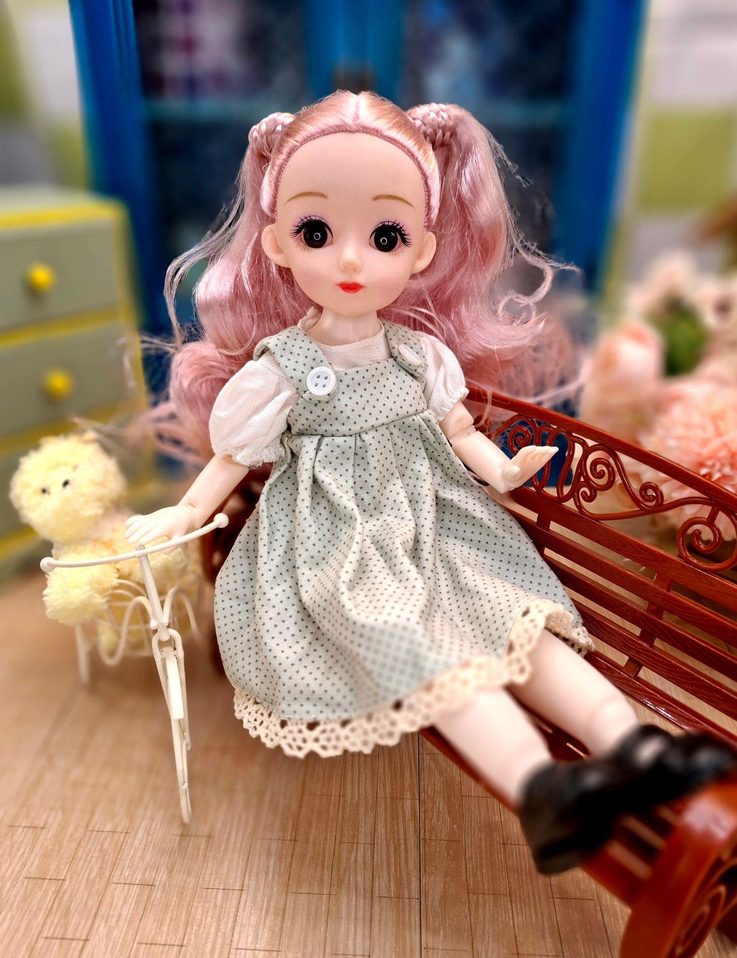 Lisa the Waldorf Doll with pink hair in green cottage dress 30cm BJD Doll