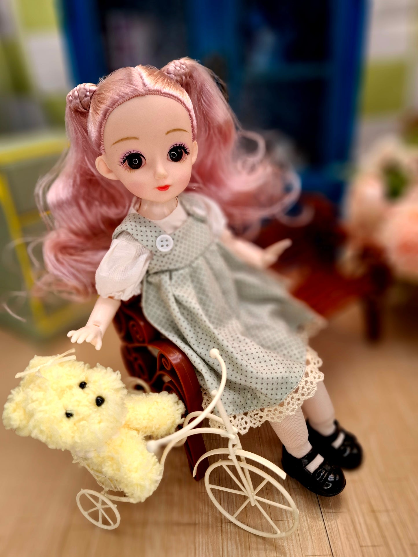 Lisa the Waldorf Doll with pink hair in green cottage dress 30cm BJD Doll
