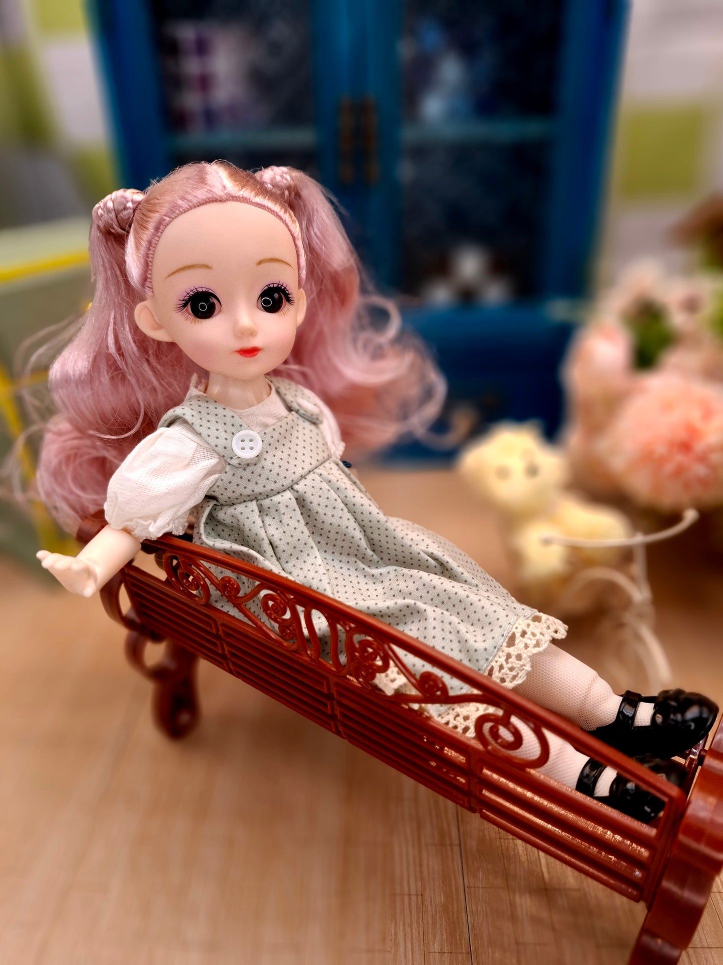 Lisa the Waldorf Doll with pink hair in green cottage dress 30cm BJD Doll
