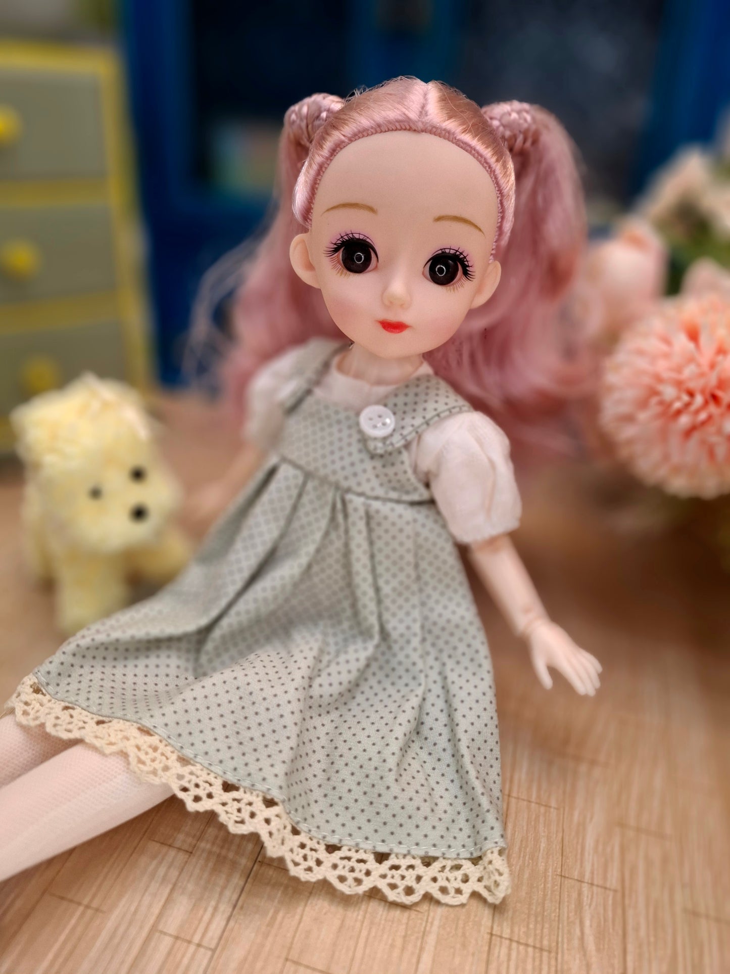 Lisa the Waldorf Doll with pink hair in green cottage dress 30cm BJD Doll
