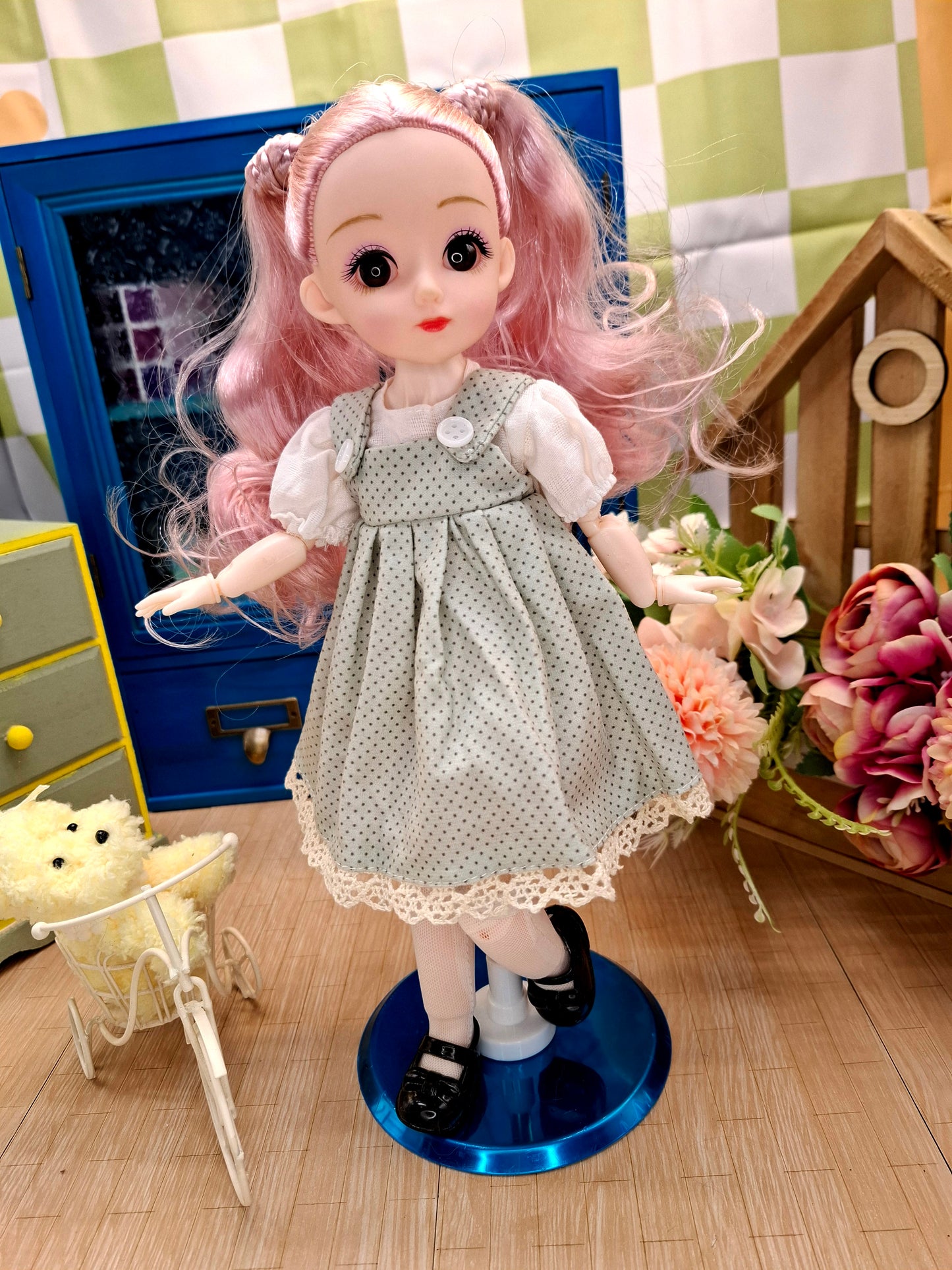 Lisa the Waldorf Doll with pink hair in green cottage dress 30cm BJD Doll