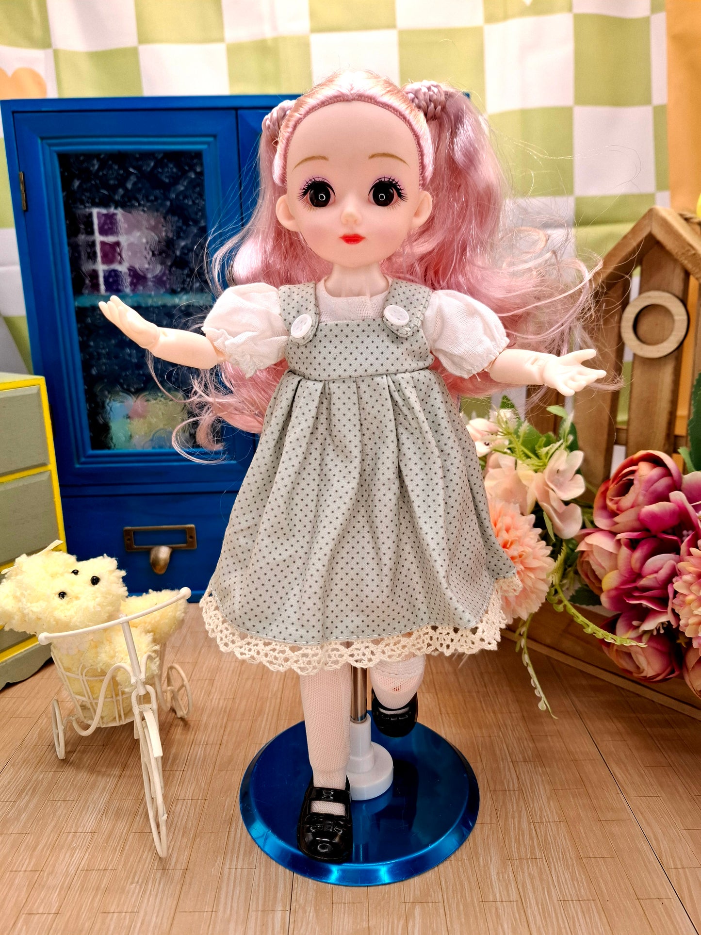 Lisa the Waldorf Doll with pink hair in green cottage dress 30cm BJD Doll