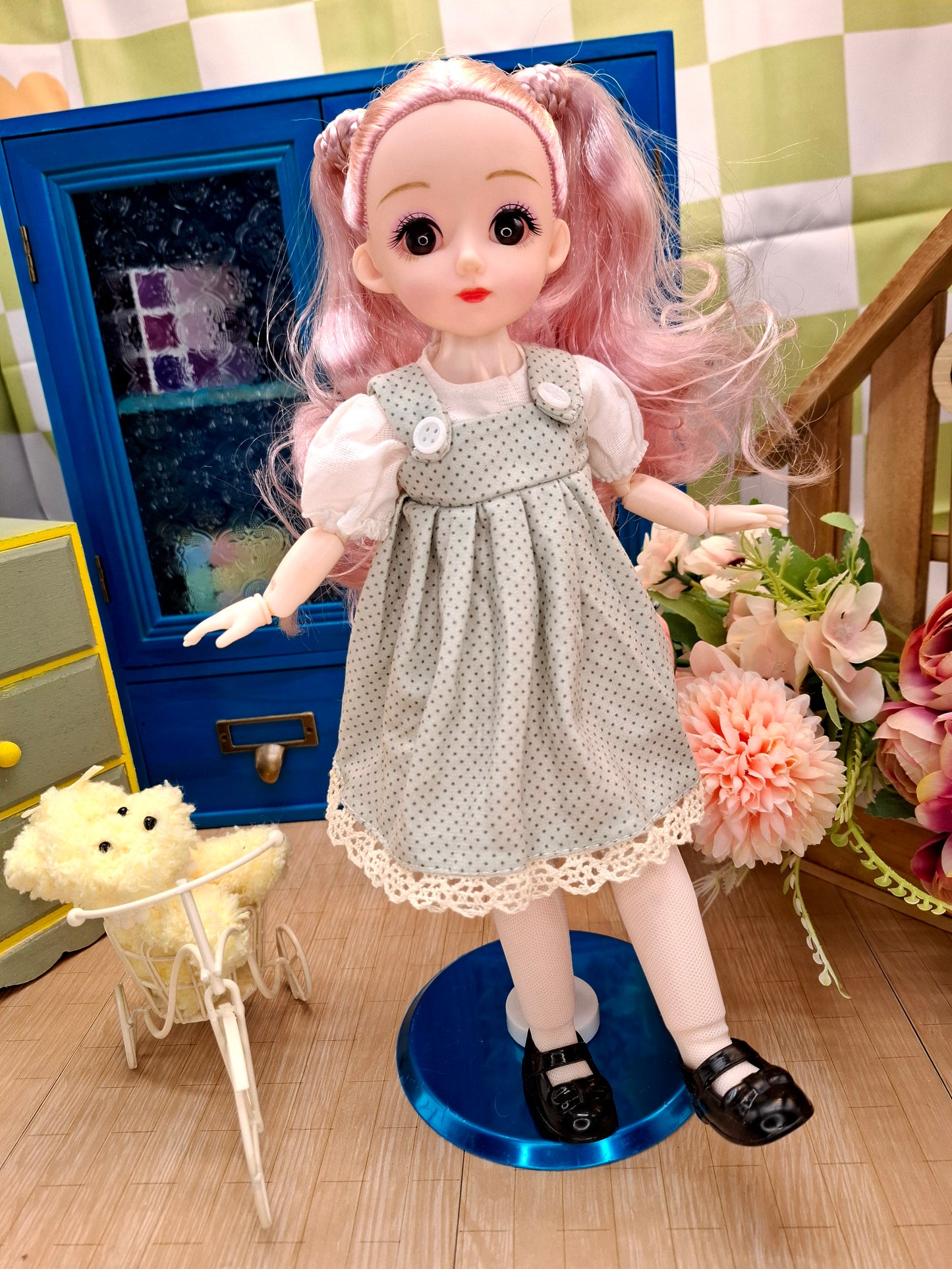 Lisa the Waldorf Doll with pink hair in green cottage dress 30cm BJD Doll