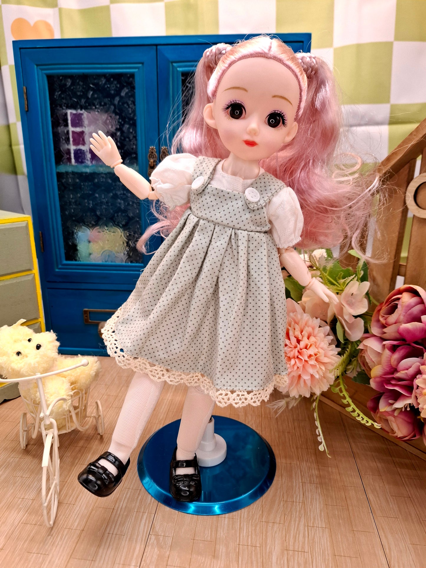 Lisa the Waldorf Doll with pink hair in green cottage dress 30cm BJD Doll