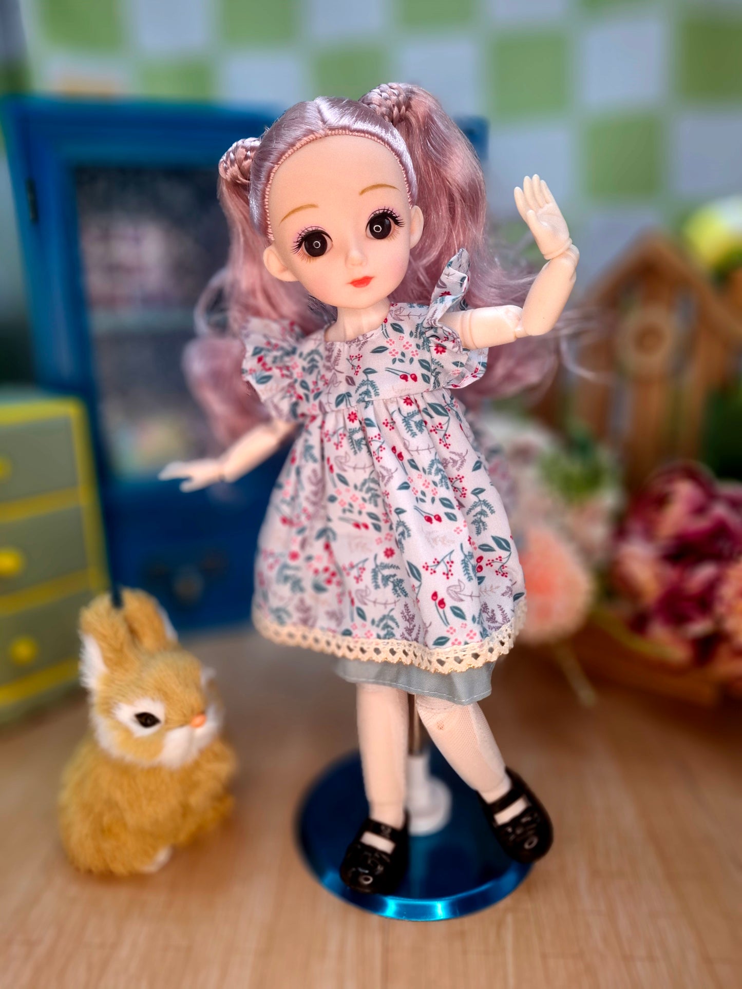 Lisa the Waldorf Doll with pink hair in floral cottage dress 30cm BJD Doll