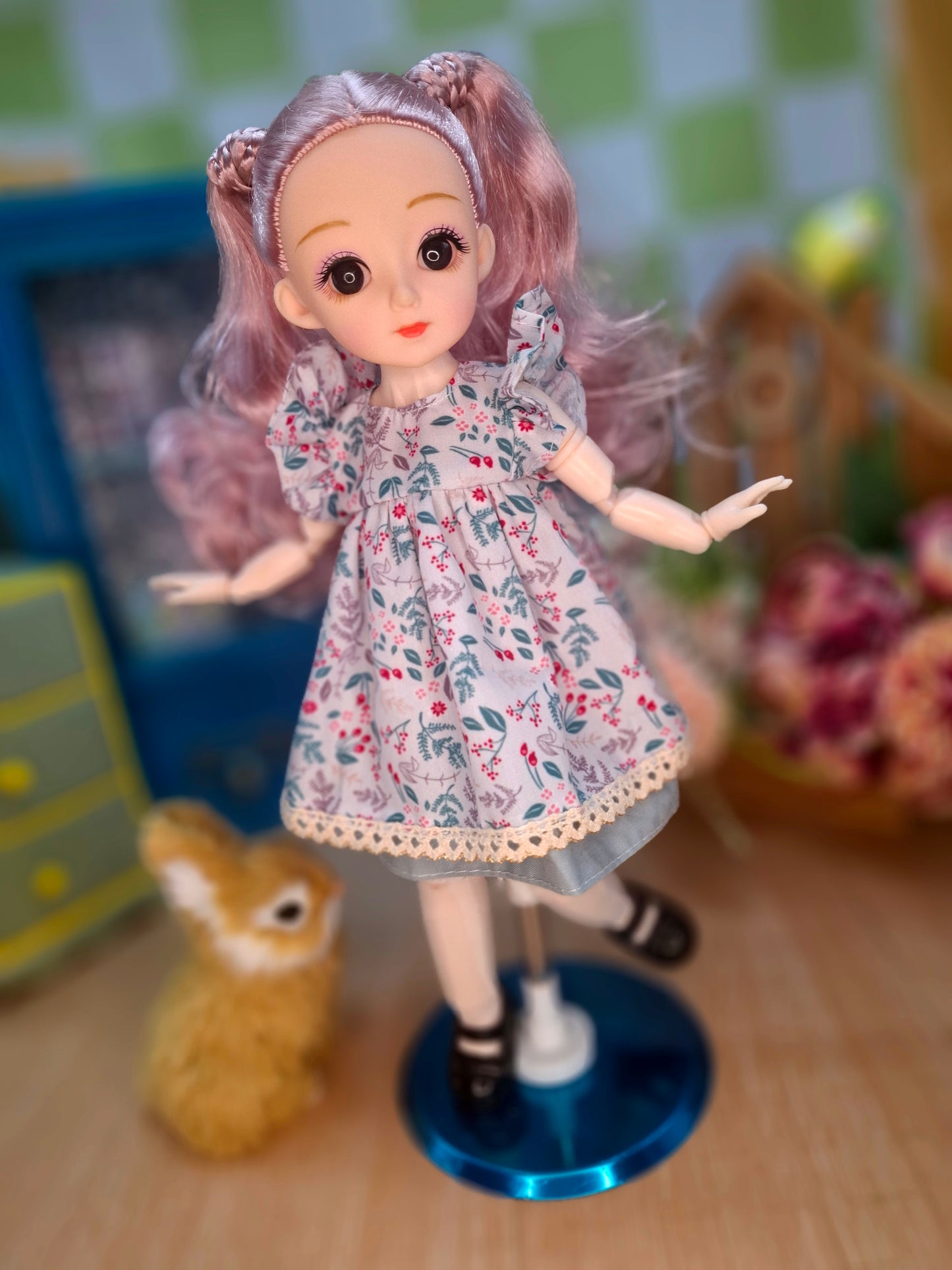 Lisa the Waldorf Doll with pink hair in floral cottage dress 30cm BJD Doll