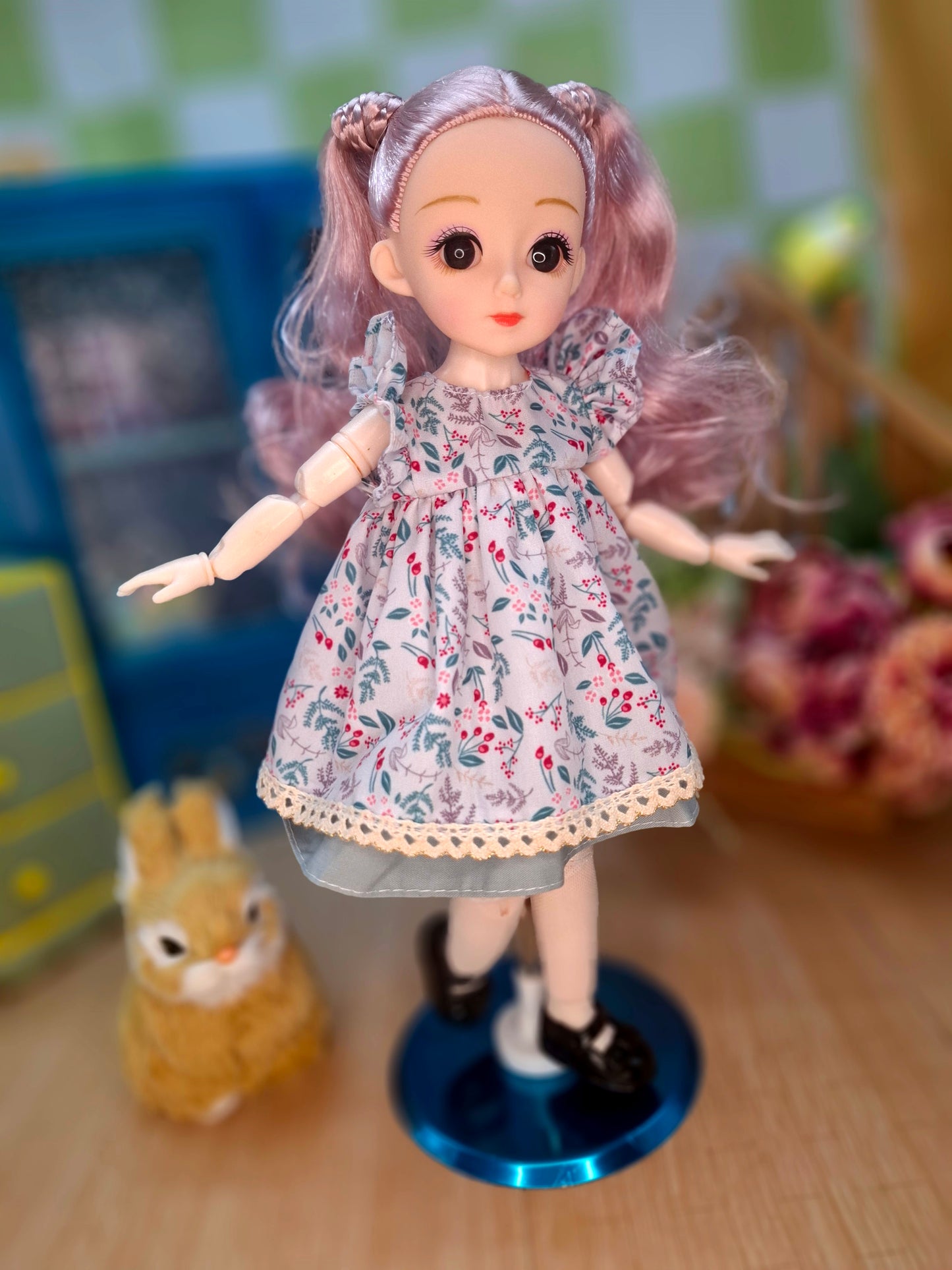 Lisa the Waldorf Doll with pink hair in floral cottage dress 30cm BJD Doll
