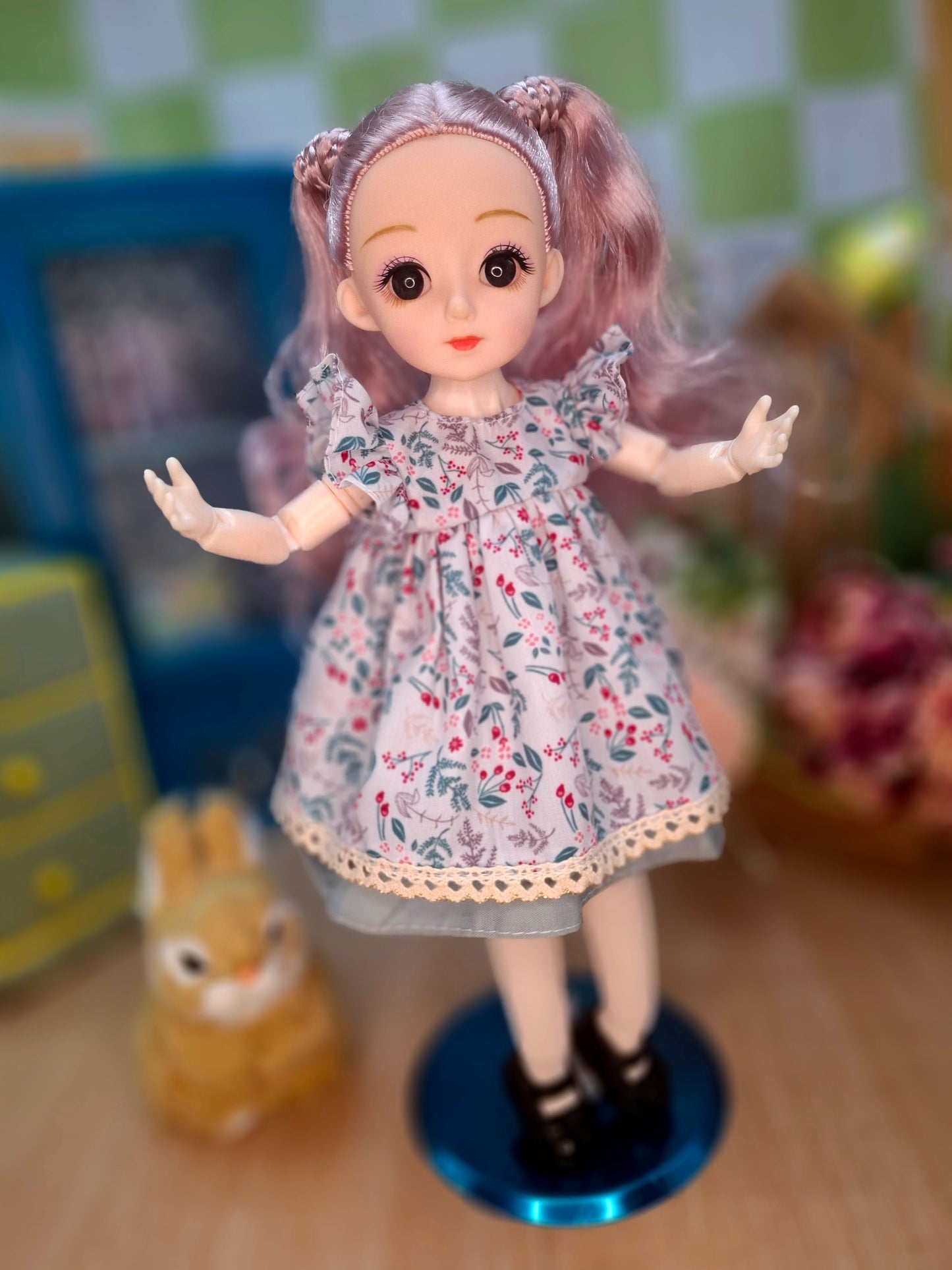 Lisa the Waldorf Doll with pink hair in floral cottage dress 30cm BJD Doll