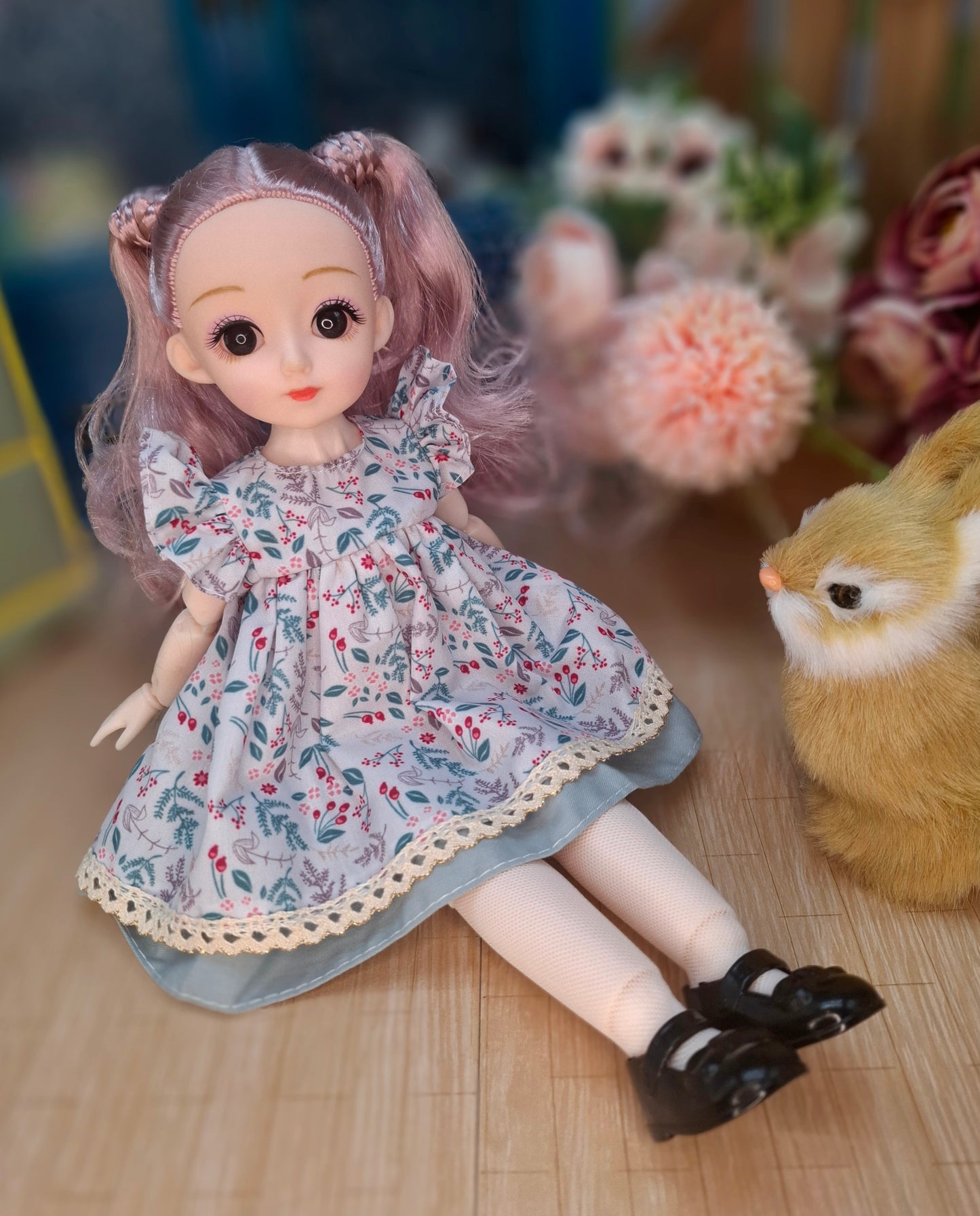 Lisa the Waldorf Doll with pink hair in floral cottage dress 30cm BJD Doll