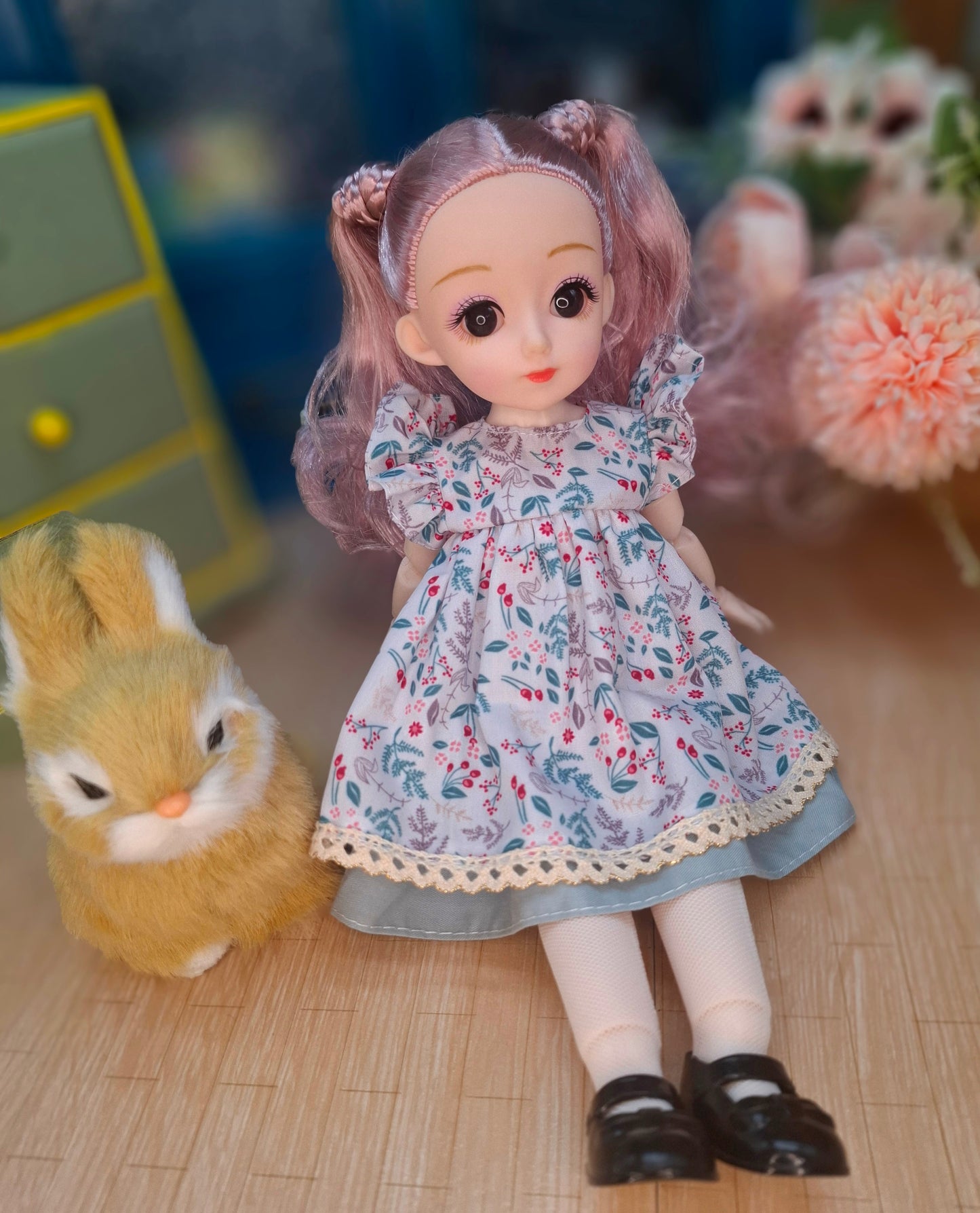 Lisa the Waldorf Doll with pink hair in floral cottage dress 30cm BJD Doll
