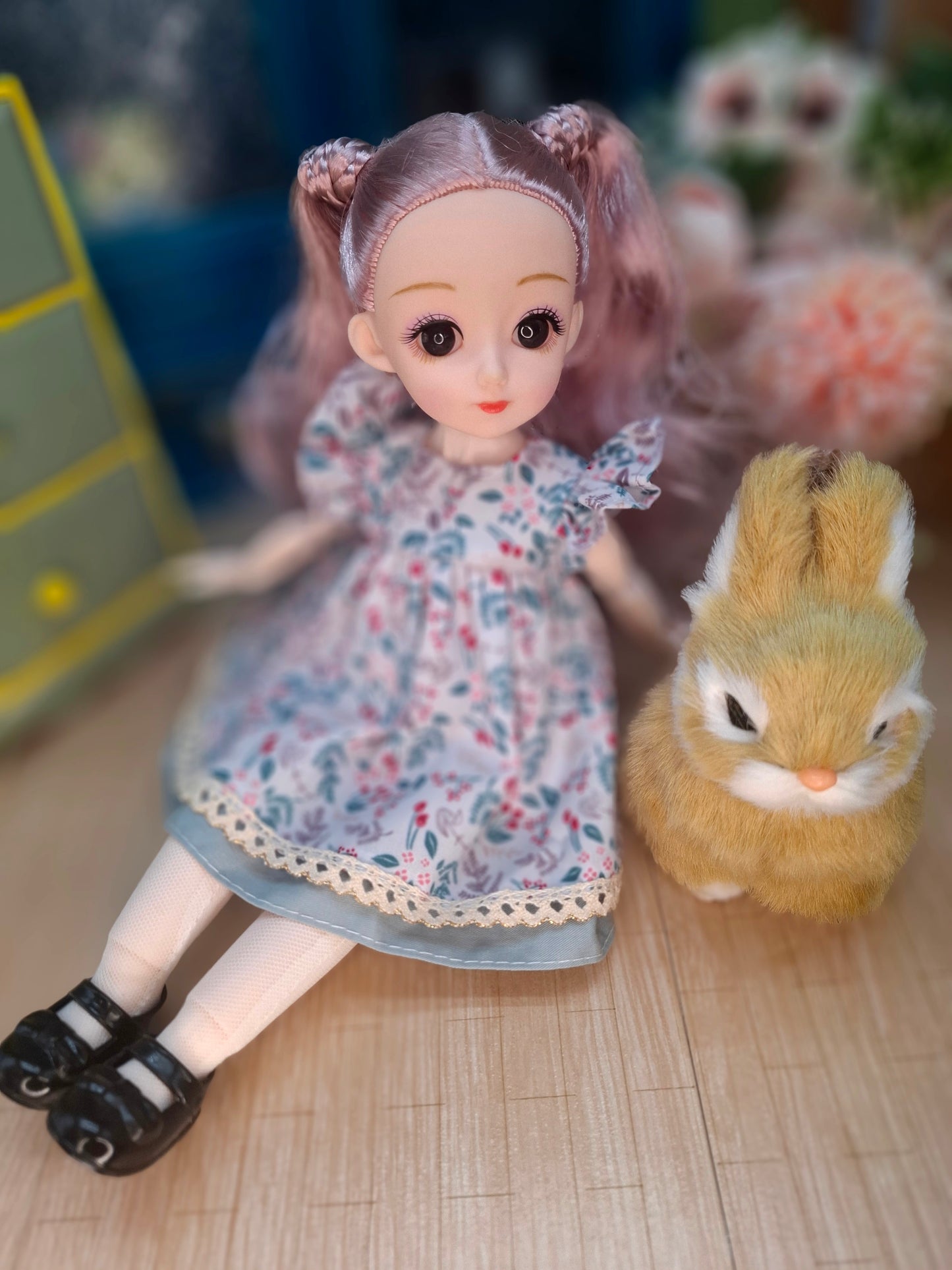 Lisa the Waldorf Doll with pink hair in floral cottage dress 30cm BJD Doll