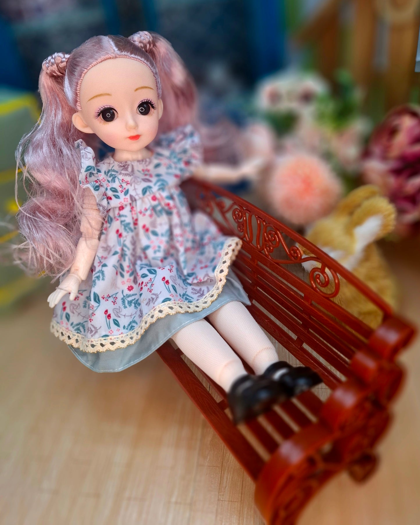 Lisa the Waldorf Doll with pink hair in floral cottage dress 30cm BJD Doll