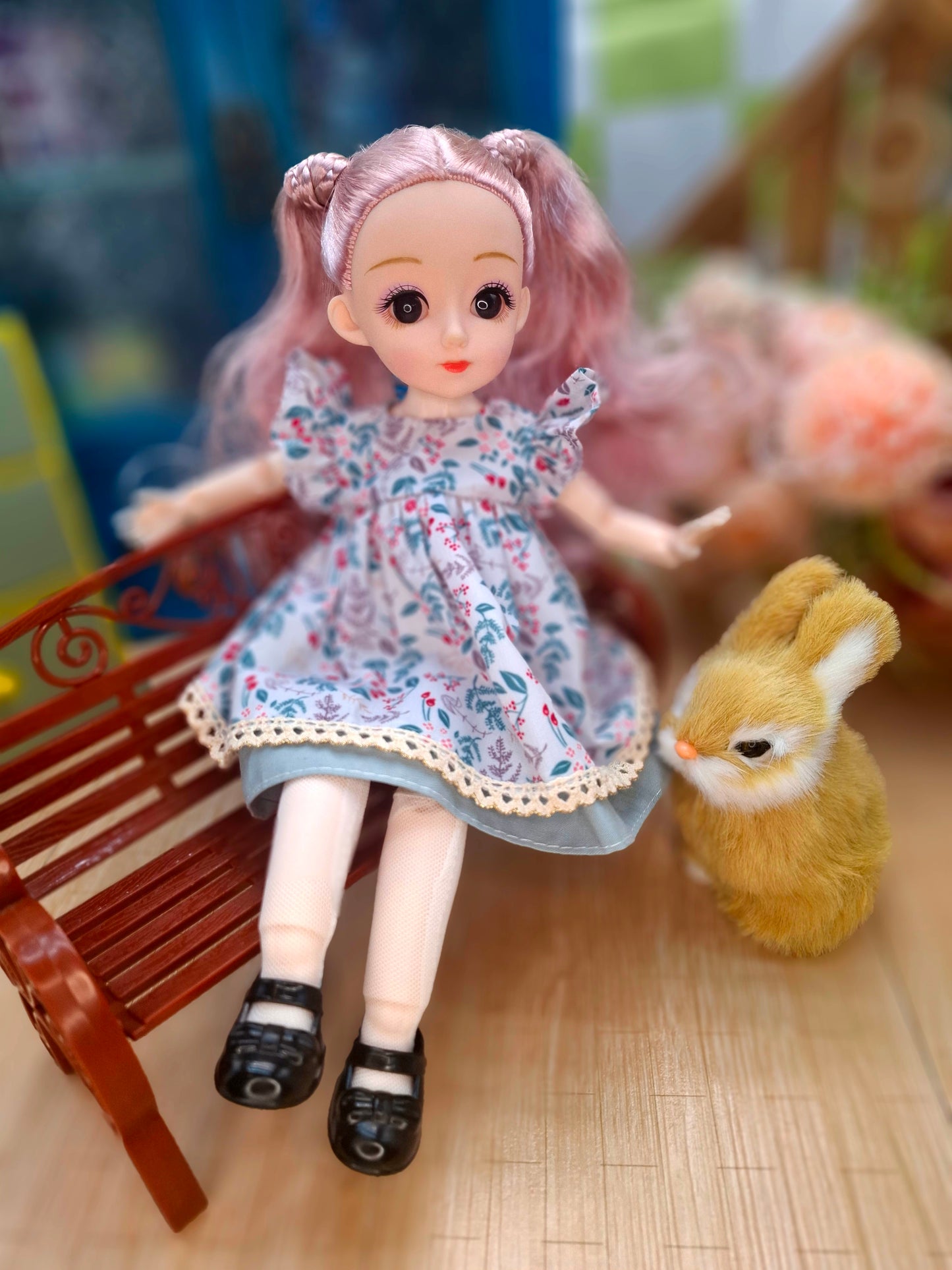 Lisa the Waldorf Doll with pink hair in floral cottage dress 30cm BJD Doll