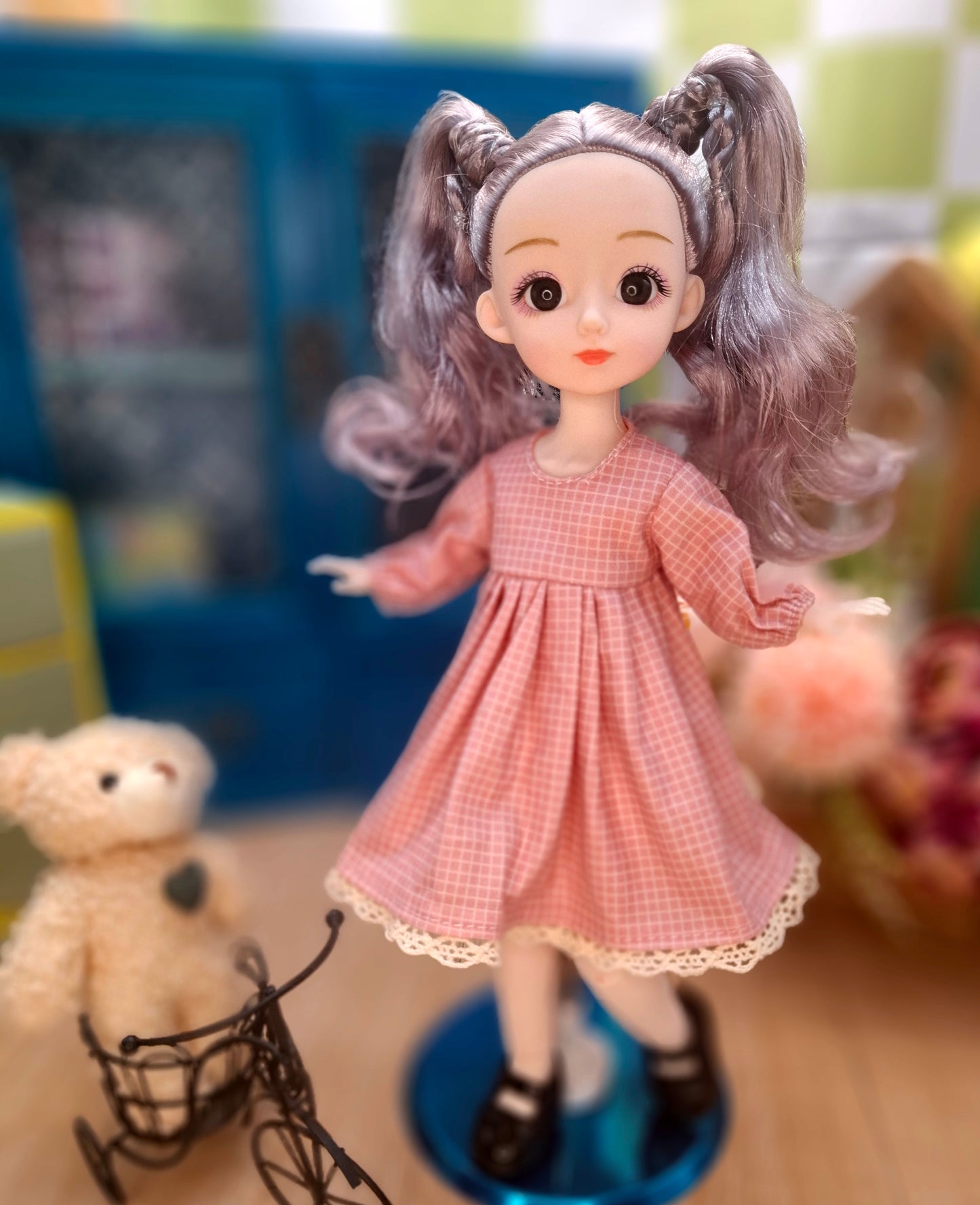 Linda the Waldorf Doll with grey hair in pink cottage dress 30cm BJD Doll
