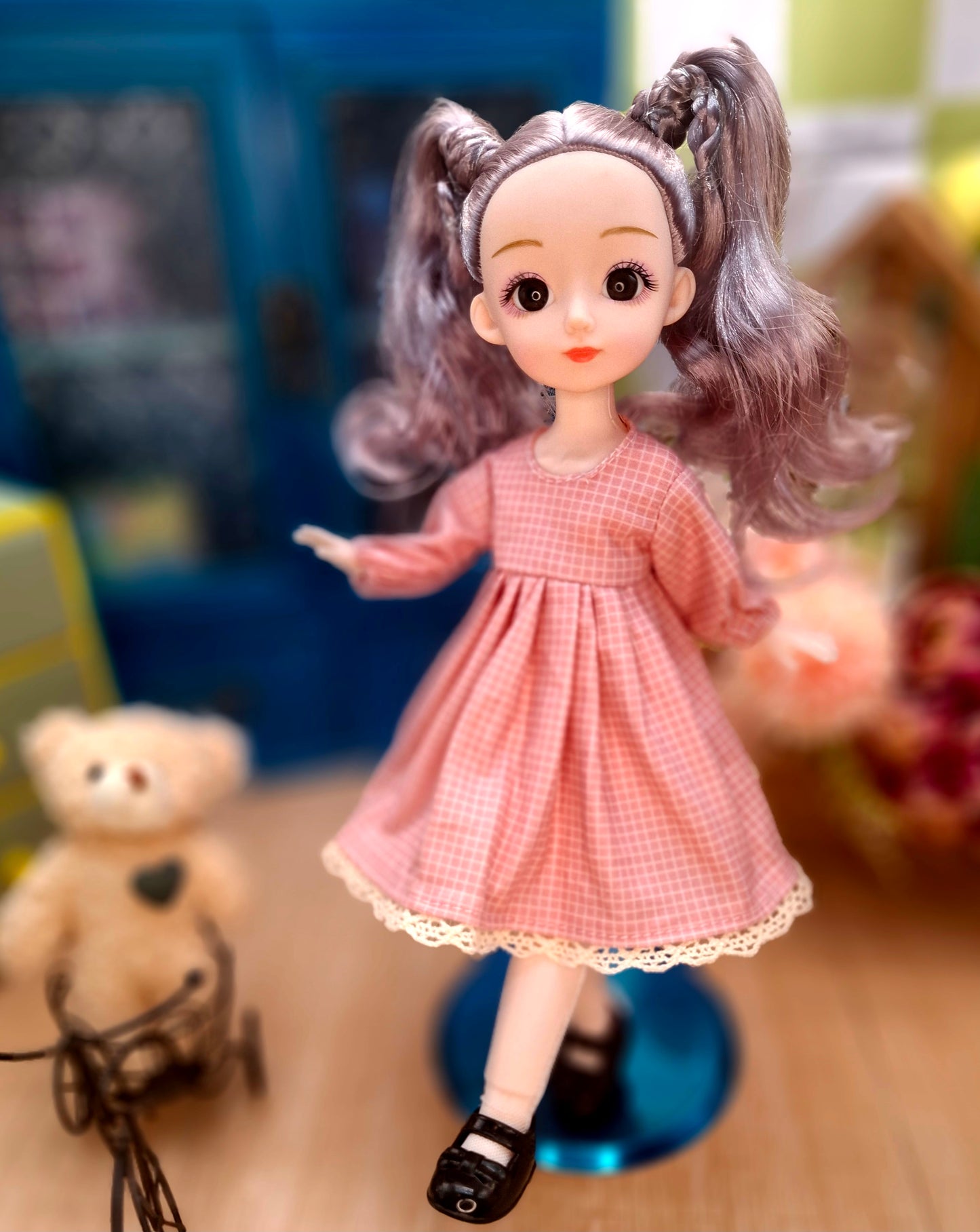 Linda the Waldorf Doll with grey hair in pink cottage dress 30cm BJD Doll