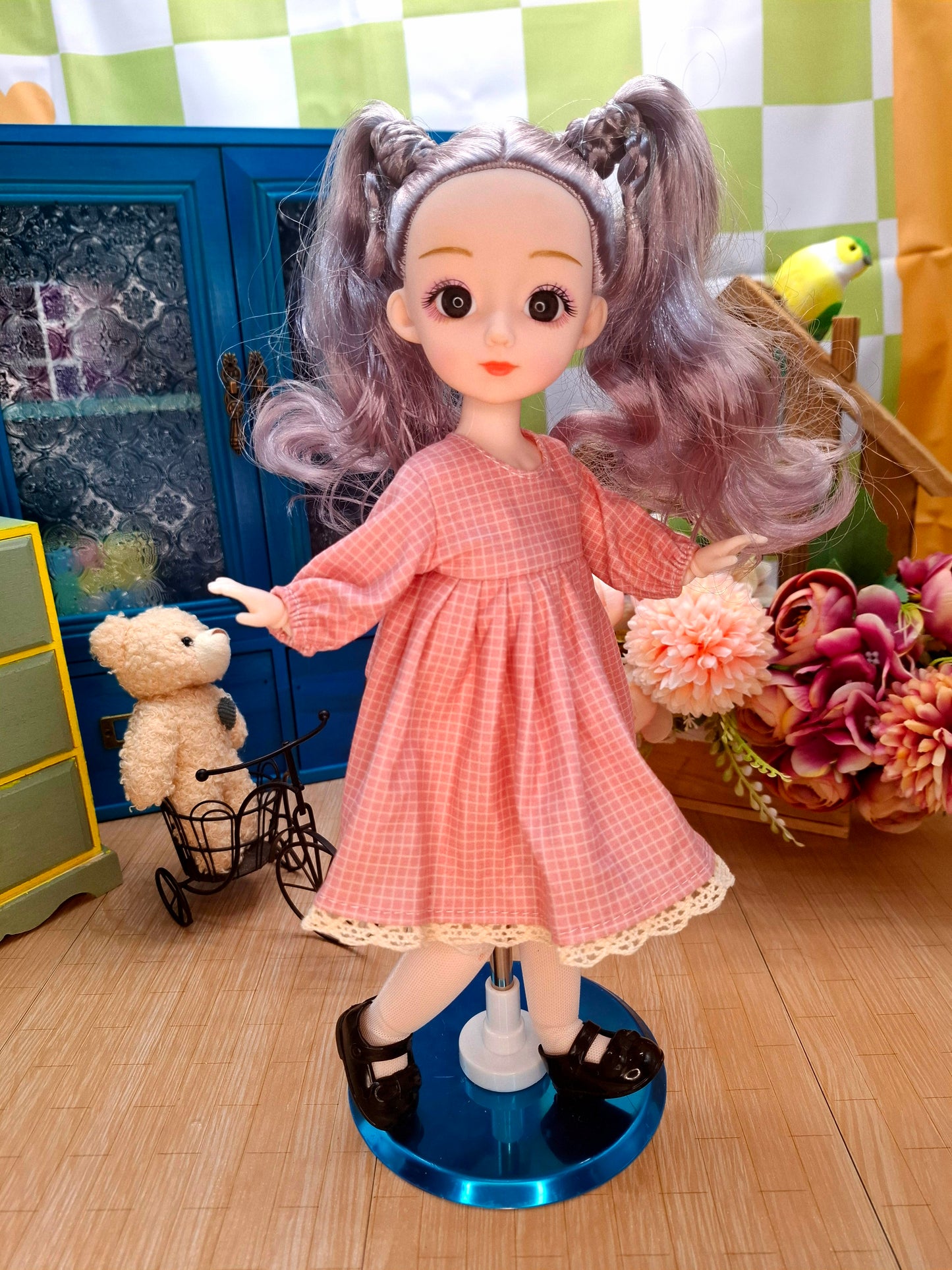 Linda the Waldorf Doll with grey hair in pink cottage dress 30cm BJD Doll
