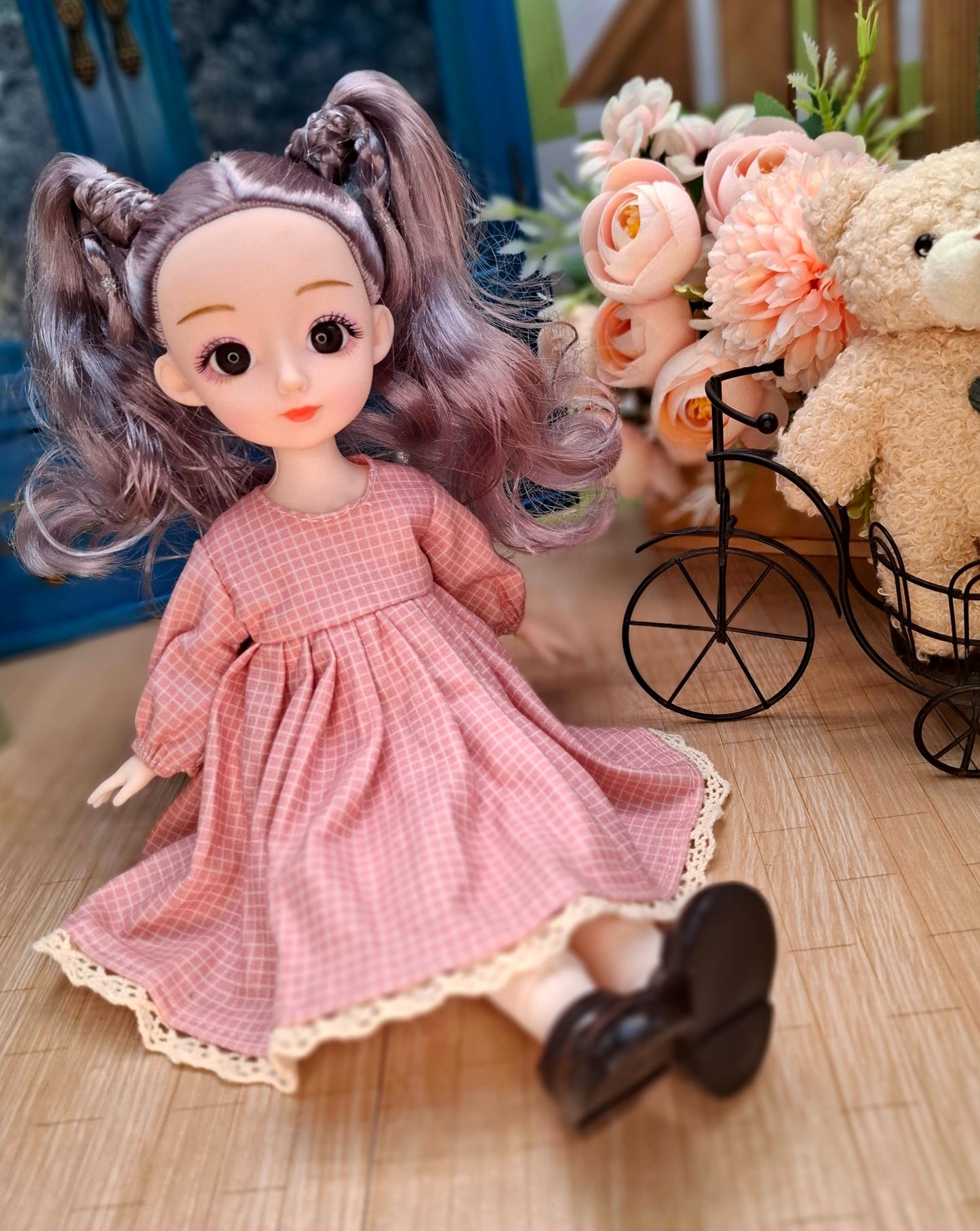 Linda the Waldorf Doll with grey hair in pink cottage dress 30cm BJD Doll