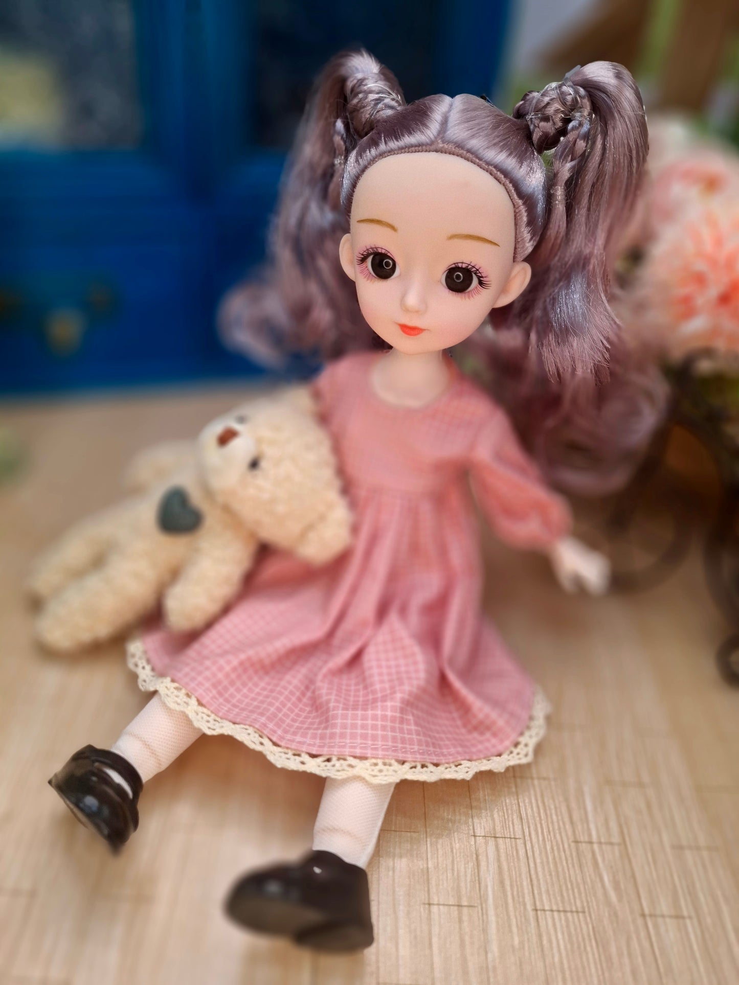 Linda the Waldorf Doll with grey hair in pink cottage dress 30cm BJD Doll